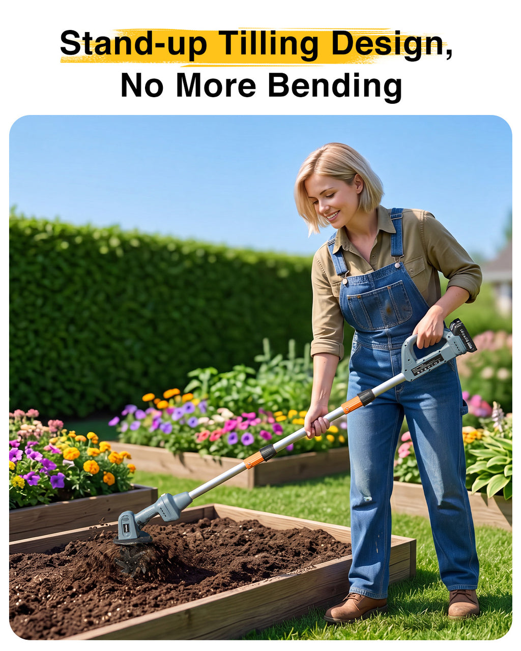 2-in-1 Cordless Tiller Cultivator, 20V Electric Rototiller with Detachable Extension Pole, 2×2.0Ah Battery, Lightweight 4.9 lbs Garden Tiller, 300 RPM for Raised Beds, Lawn, Weeding & Soil Cultivation