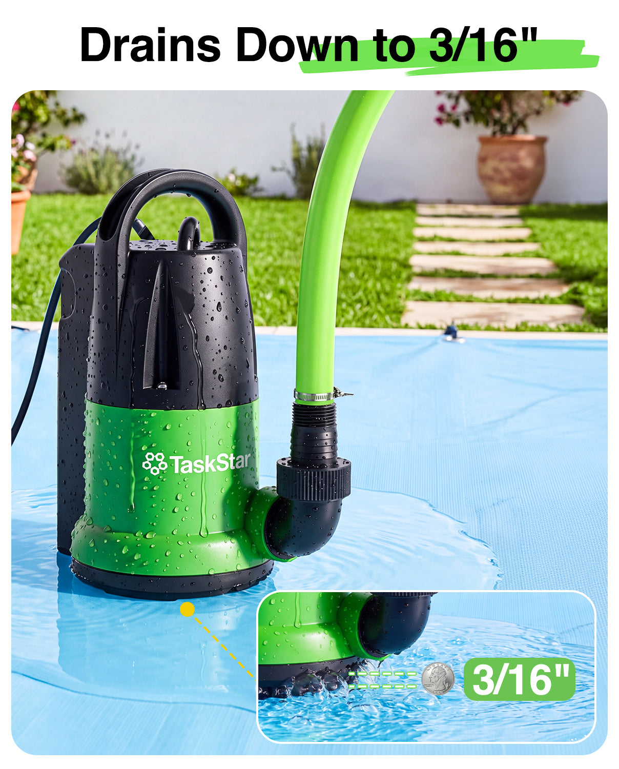 Taskstar 1 HP 4000GPH Automatic Submersible Water Pump for Swimming Pool | Built-in Float Switch, Auto/Manual Modes, 25FT Cord Sump Pump for Pool Draining, Flooded Basement, Hot Tub, Garden Pond