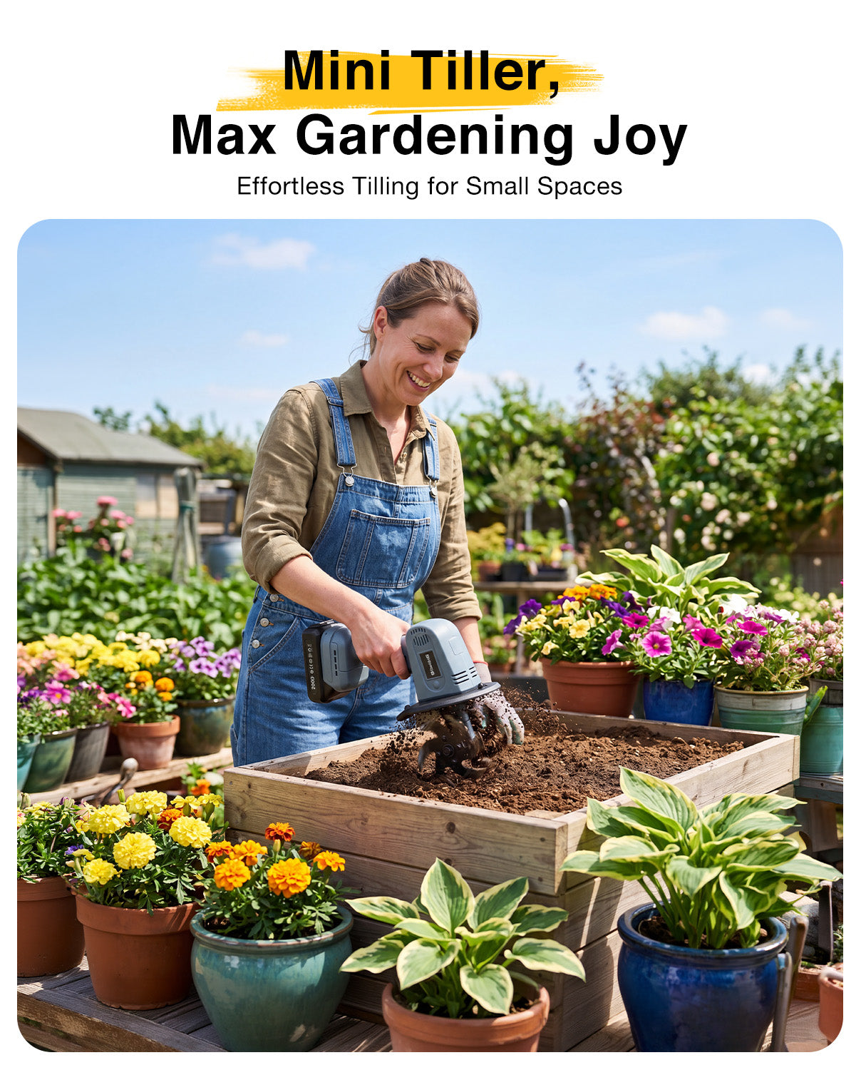 Mini Cordless Tiller Cultivator, 20V Electric Rototiller for Gardening, Lightweight 2.6 lbs Handheld Garden Tiller with 2×2.0Ah Battery, 4" Width×4" Depth, for Raised Beds, Lawn, Flower Beds & Weeding