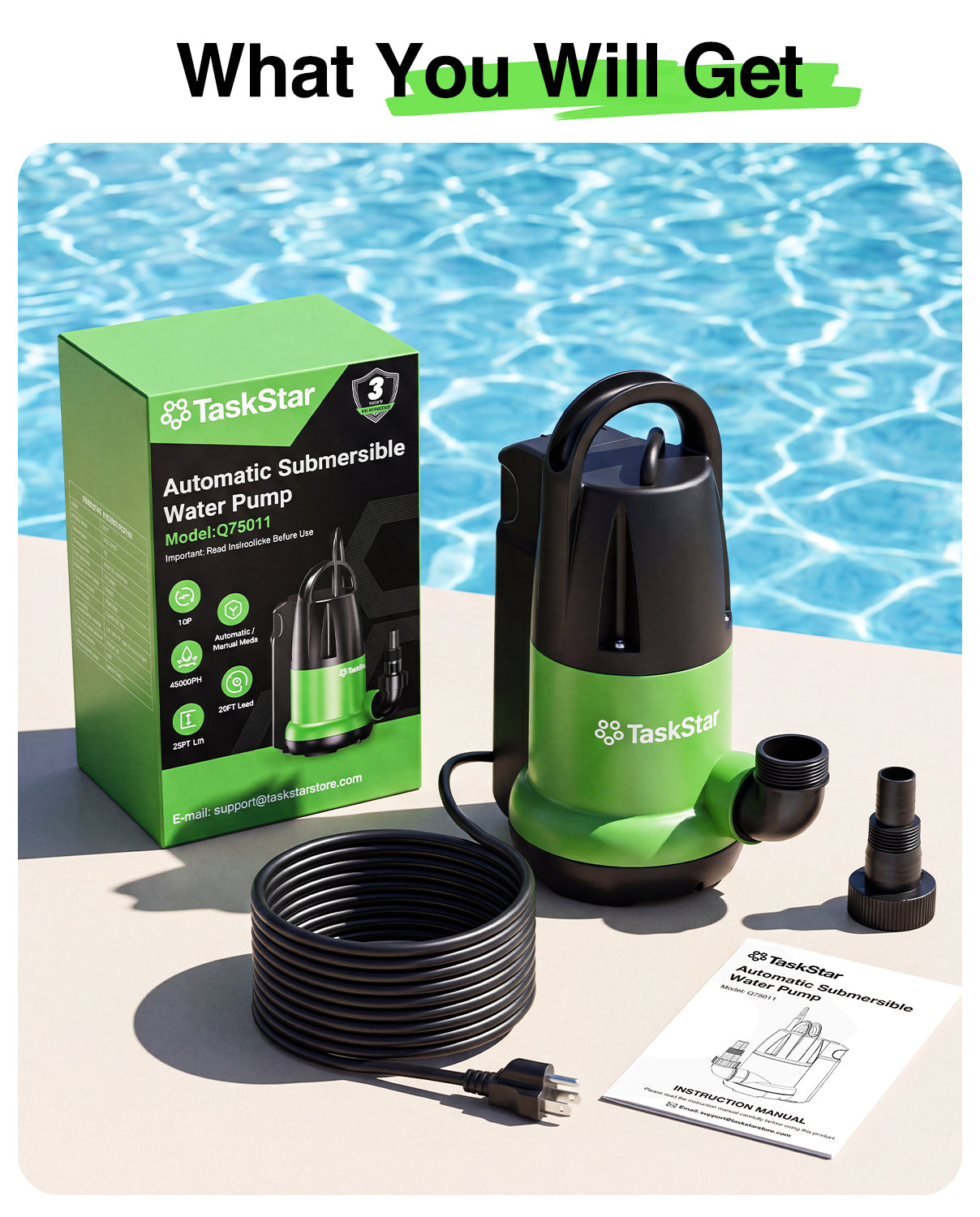Taskstar 1 HP 4000GPH Automatic Submersible Water Pump for Swimming Pool | Built-in Float Switch, Auto/Manual Modes, 25FT Cord Sump Pump for Pool Draining, Flooded Basement, Hot Tub, Garden Pond