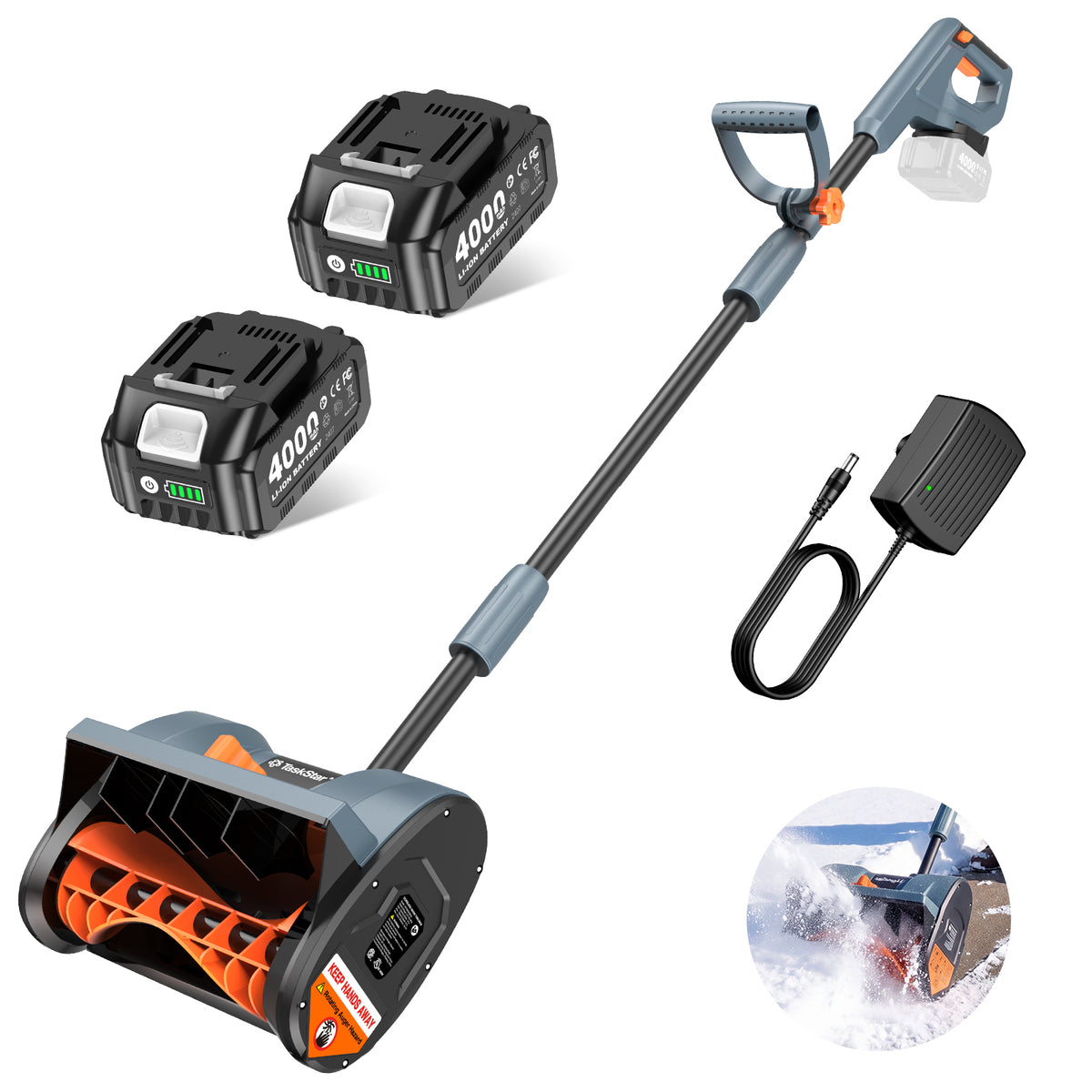 20V Cordless Snow Shovel, Electric Snow Blower with 2×4.0Ah Batteries, 12-Inch Snow Removal Machine, 16.5Ft Throw Distance, Adjustable Plate & Handle for Driveway, Step, Patio, Sidewalk