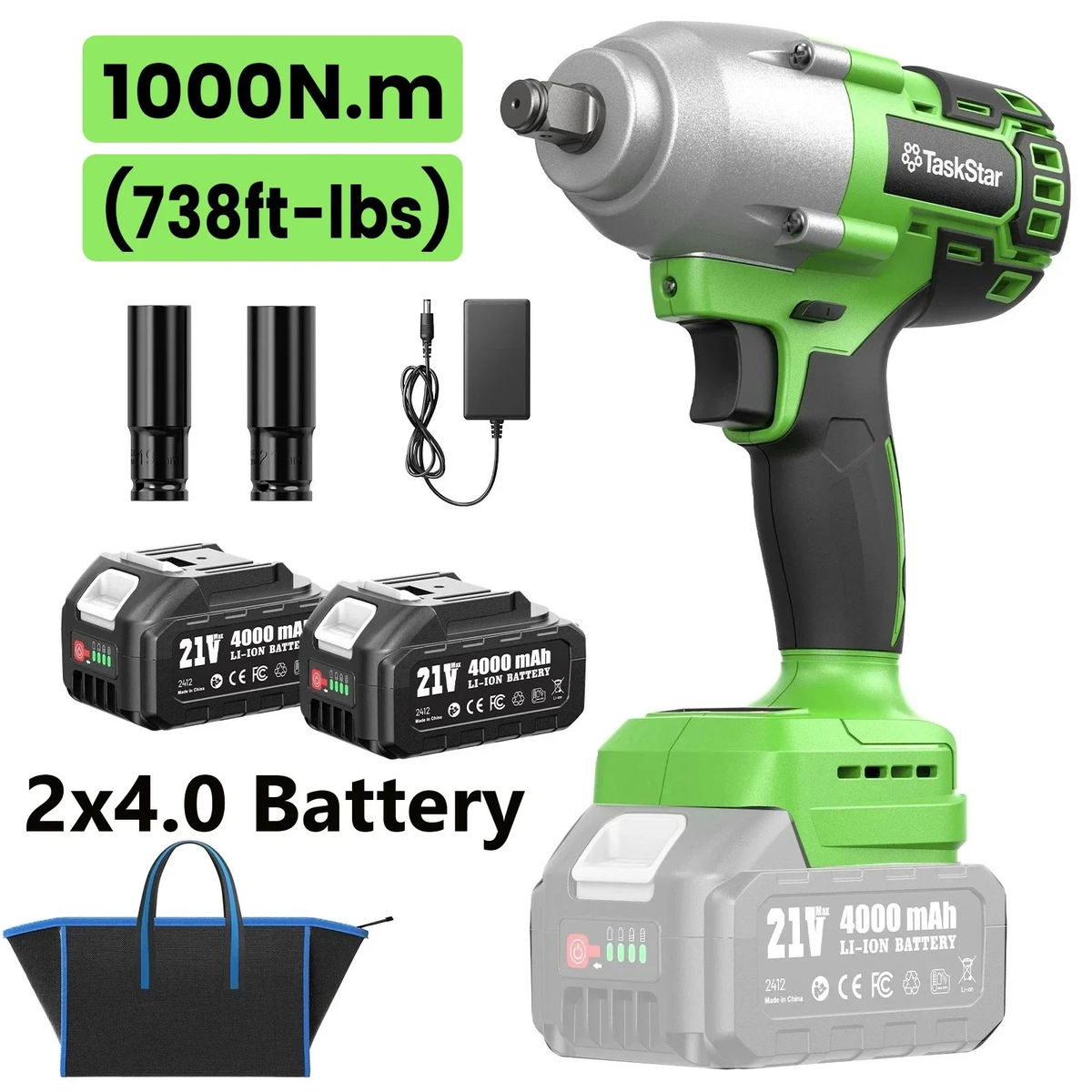 TaskStar 21V Brushless Cordless Impact Wrench, 1/2" 738 Ft-lbs (1000Nm) High Torque