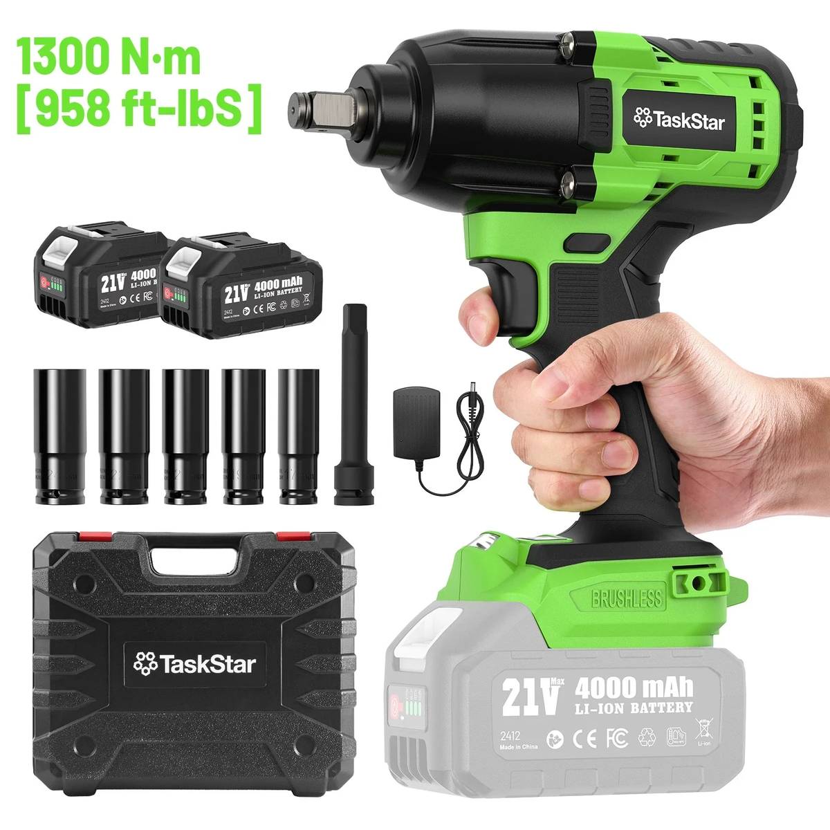 TaskStar 1300N·m Cordless Brushless Impact Wrench 1/2" Kit
