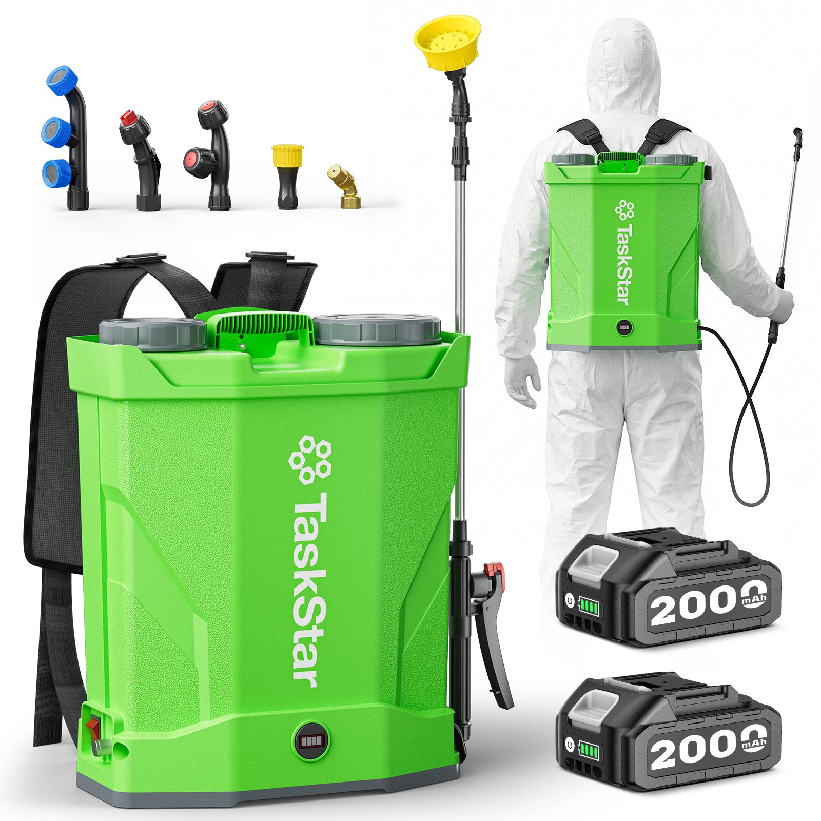 Taskstar Battery Powered Backpack Sprayer 4 Gallon,2 X 2000mAh Batteries Electric Sprayer with 0-100 PSI Adjustable, 32" Wand, 6 Nozzles for Lawn Garden Weed Pest Control & Fertilizing