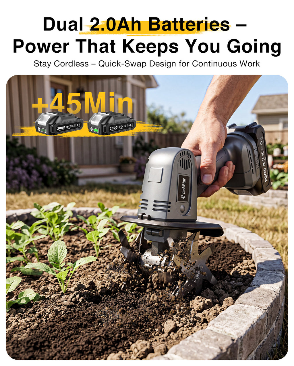 Mini Cordless Tiller Cultivator, 20V Electric Rototiller for Gardening, Lightweight 2.6 lbs Handheld Garden Tiller with 2×2.0Ah Battery, 4" Width×4" Depth, for Raised Beds, Lawn, Flower Beds & Weeding