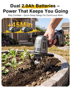 Mini Cordless Tiller Cultivator, 20V Electric Rototiller for Gardening, Lightweight 2.6 lbs Handheld Garden Tiller with 2×2.0Ah Battery, 4" Width×4" Depth, for Raised Beds, Lawn, Flower Beds & Weeding