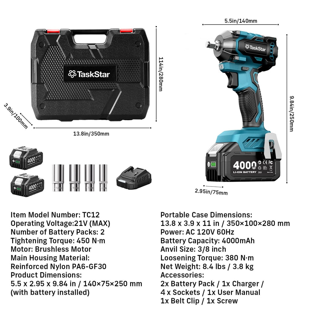 TaskStar 3/8 inch Brushless Impact Wrench 450Nm
