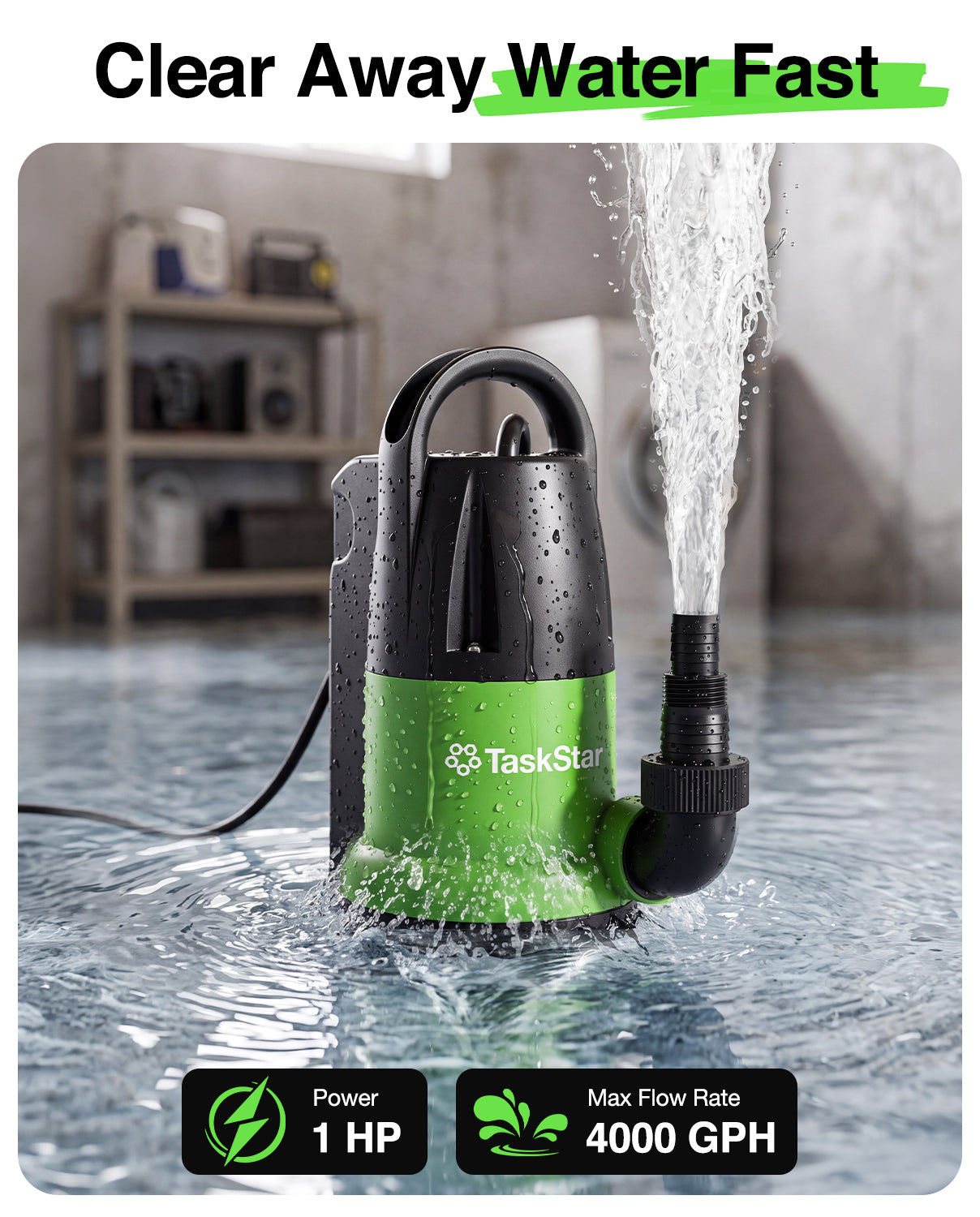 Taskstar 1 HP 4000GPH Automatic Submersible Water Pump for Swimming Pool | Built-in Float Switch, Auto/Manual Modes, 25FT Cord Sump Pump for Pool Draining, Flooded Basement, Hot Tub, Garden Pond