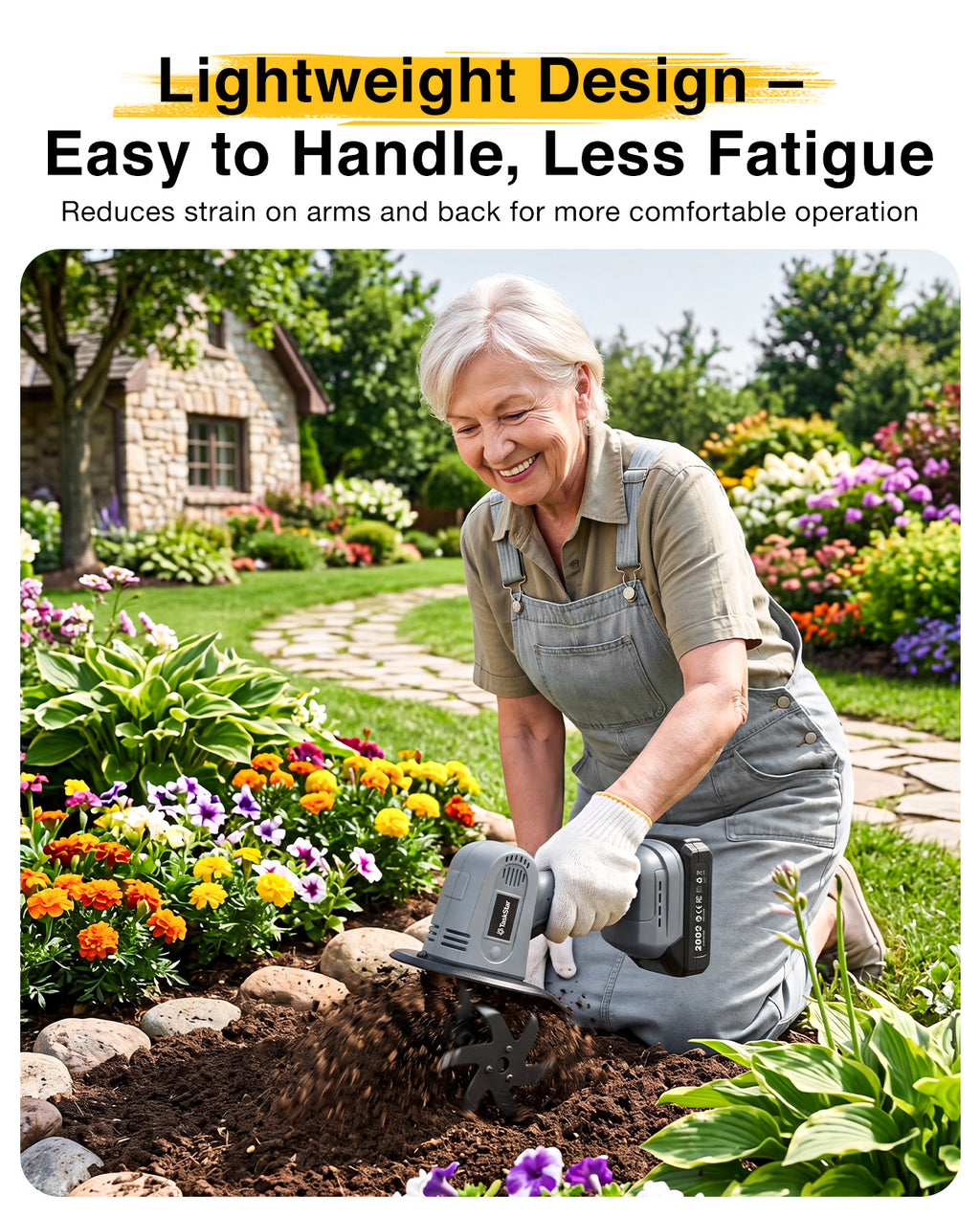 Mini Cordless Tiller Cultivator, 20V Electric Rototiller for Gardening, Lightweight 2.6 lbs Handheld Garden Tiller with 2×2.0Ah Battery, 4" Width×4" Depth, for Raised Beds, Lawn, Flower Beds & Weeding