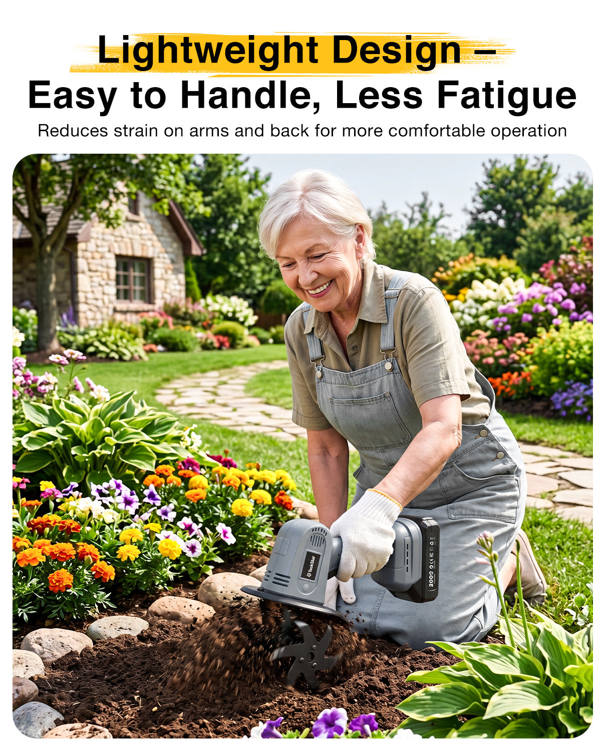 Mini Cordless Tiller Cultivator, 20V Electric Rototiller for Gardening, Lightweight 2.6 lbs Handheld Garden Tiller with 2×2.0Ah Battery, 4" Width×4" Depth, for Raised Beds, Lawn, Flower Beds & Weeding