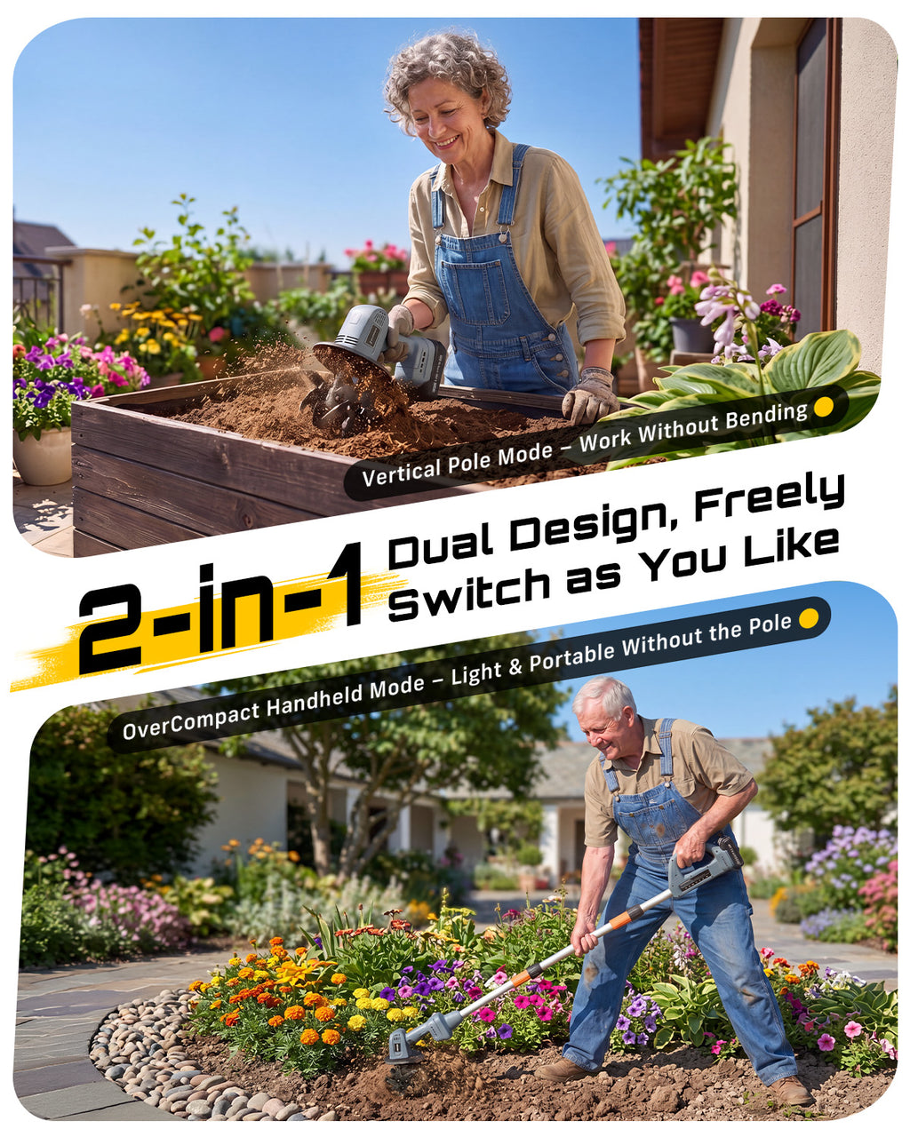2-in-1 Cordless Tiller Cultivator, 20V Electric Rototiller with Detachable Extension Pole, 2×2.0Ah Battery, Lightweight 4.9 lbs Garden Tiller, 300 RPM for Raised Beds, Lawn, Weeding & Soil Cultivation