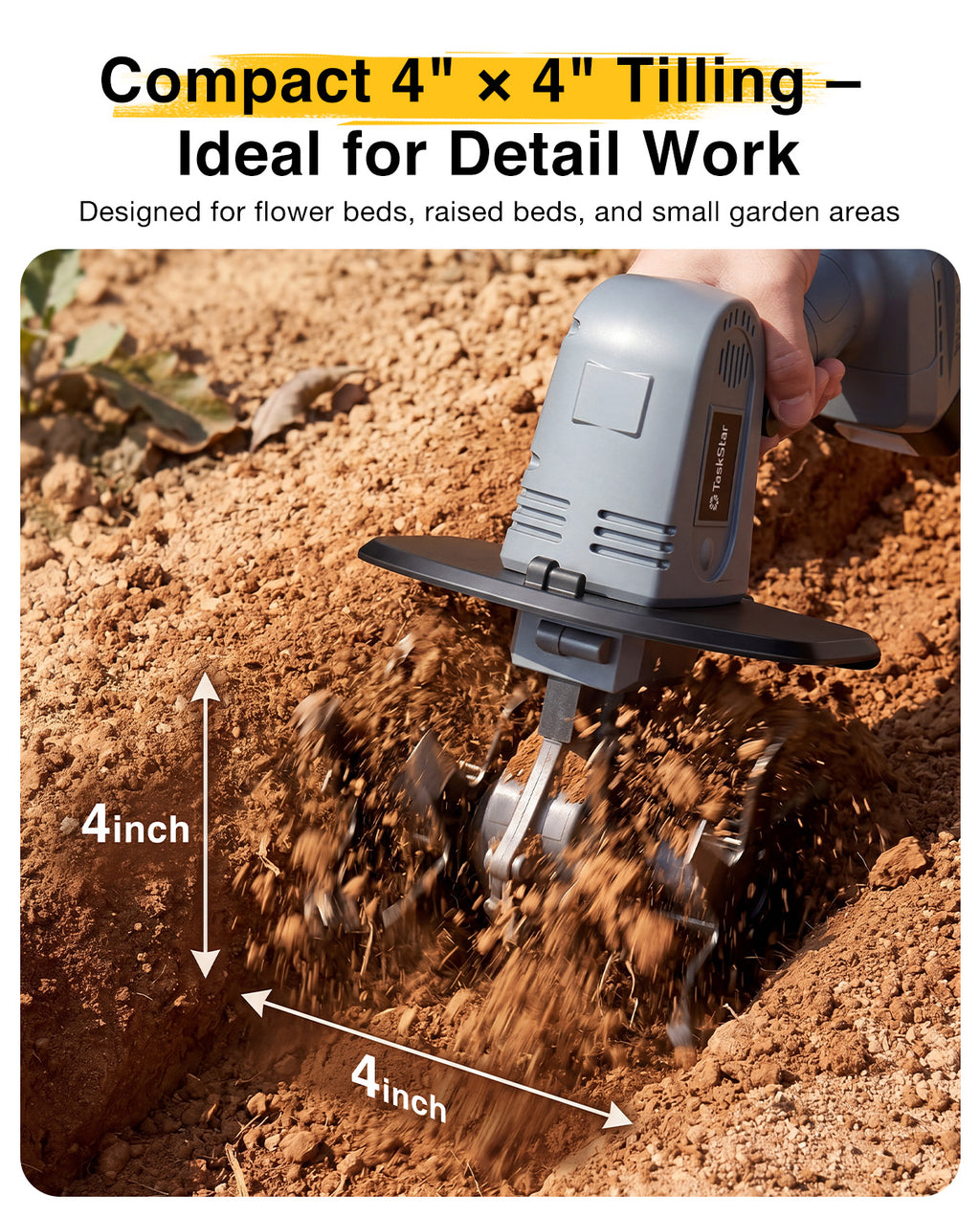 Mini Cordless Tiller Cultivator, 20V Electric Rototiller for Gardening, Lightweight 2.6 lbs Handheld Garden Tiller with 2×2.0Ah Battery, 4" Width×4" Depth, for Raised Beds, Lawn, Flower Beds & Weeding