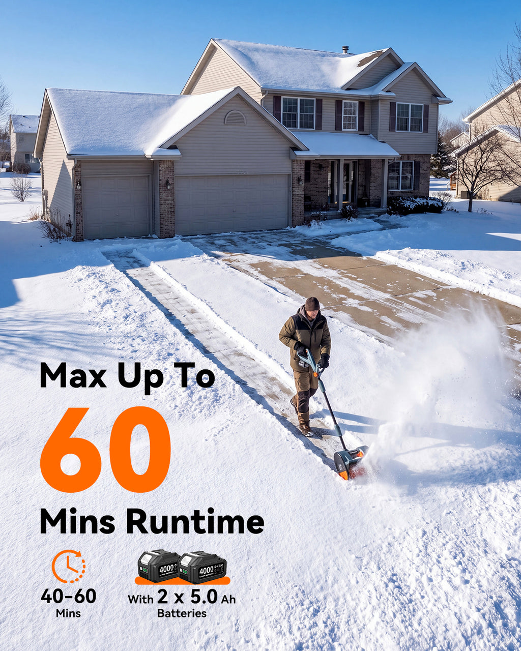 20V Cordless Snow Shovel, Electric Snow Blower with 2×4.0Ah Batteries, 12-Inch Snow Removal Machine, 16.5Ft Throw Distance, Adjustable Plate & Handle for Driveway, Step, Patio, Sidewalk