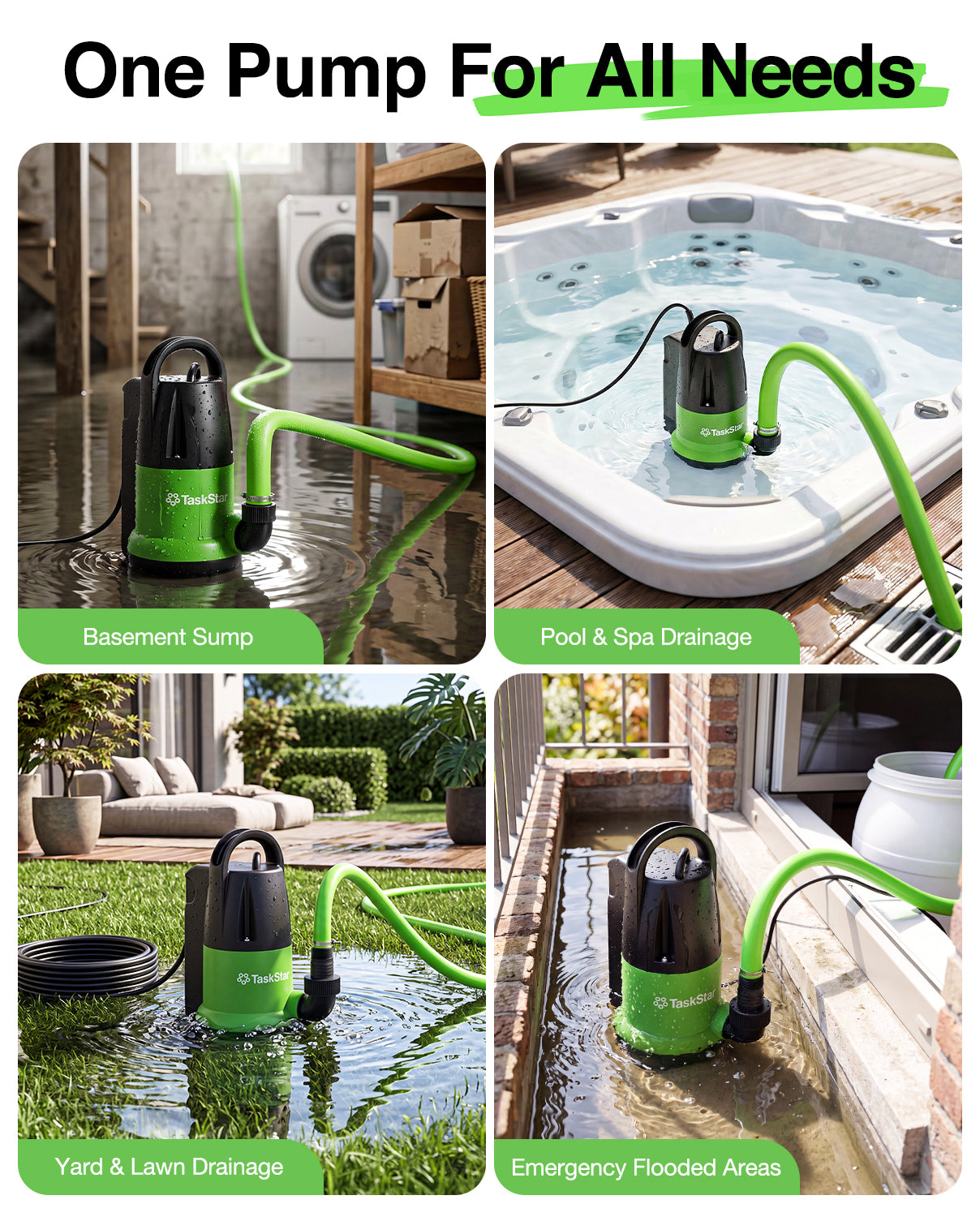 Taskstar 1 HP 4000GPH Automatic Submersible Water Pump for Swimming Pool | Built-in Float Switch, Auto/Manual Modes, 25FT Cord Sump Pump for Pool Draining, Flooded Basement, Hot Tub, Garden Pond