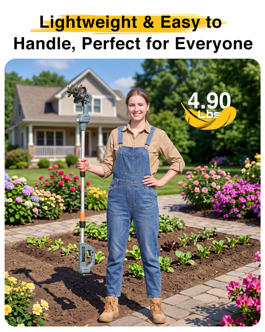 2-in-1 Cordless Tiller Cultivator, 20V Electric Rototiller with Detachable Extension Pole, 2×2.0Ah Battery, Lightweight 4.9 lbs Garden Tiller, 300 RPM for Raised Beds, Lawn, Weeding & Soil Cultivation