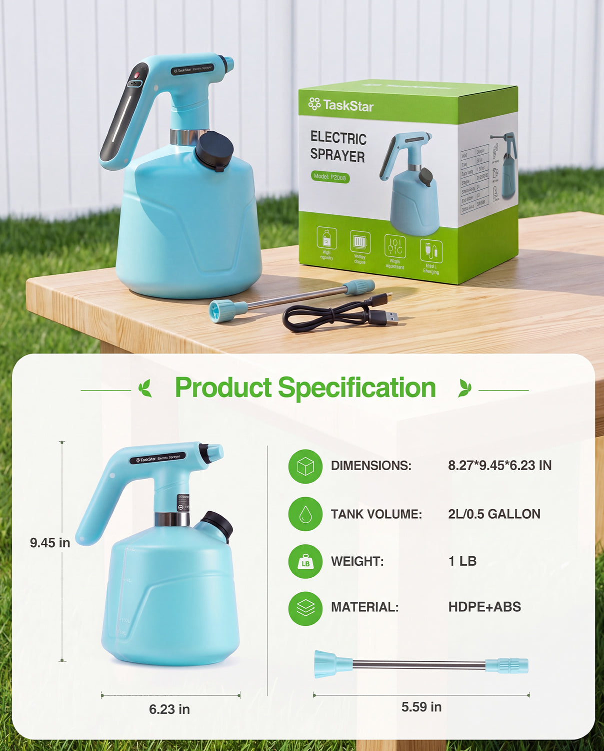 TaskStar Electric Spray Bottle 2L/0.5 Gallon, Rechargeable and Automatic Mister Spray Bottle for Plants