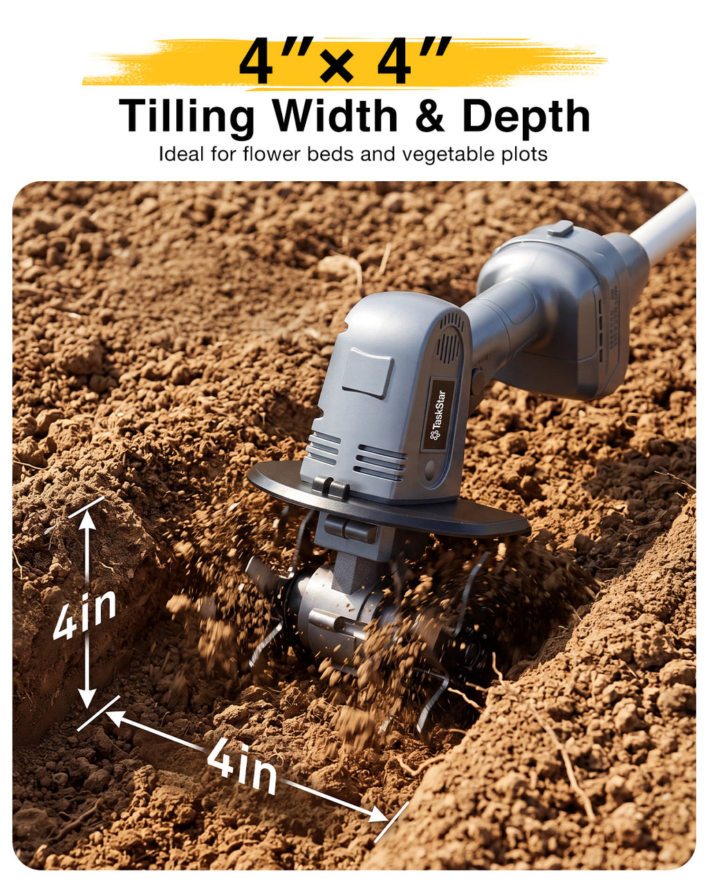 2-in-1 Cordless Tiller Cultivator, 20V Electric Rototiller with Detachable Extension Pole, 2×2.0Ah Battery, Lightweight 4.9 lbs Garden Tiller, 300 RPM for Raised Beds, Lawn, Weeding & Soil Cultivation