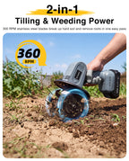 Mini Cordless Tiller Cultivator, 20V Electric Rototiller for Gardening, Lightweight 2.6 lbs Handheld Garden Tiller with 2×2.0Ah Battery, 4" Width×4" Depth, for Raised Beds, Lawn, Flower Beds & Weeding