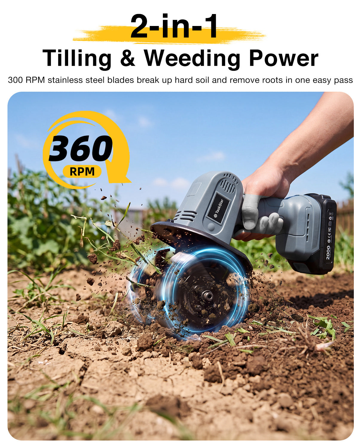 Mini Cordless Tiller Cultivator, 20V Electric Rototiller for Gardening, Lightweight 2.6 lbs Handheld Garden Tiller with 2×2.0Ah Battery, 4" Width×4" Depth, for Raised Beds, Lawn, Flower Beds & Weeding