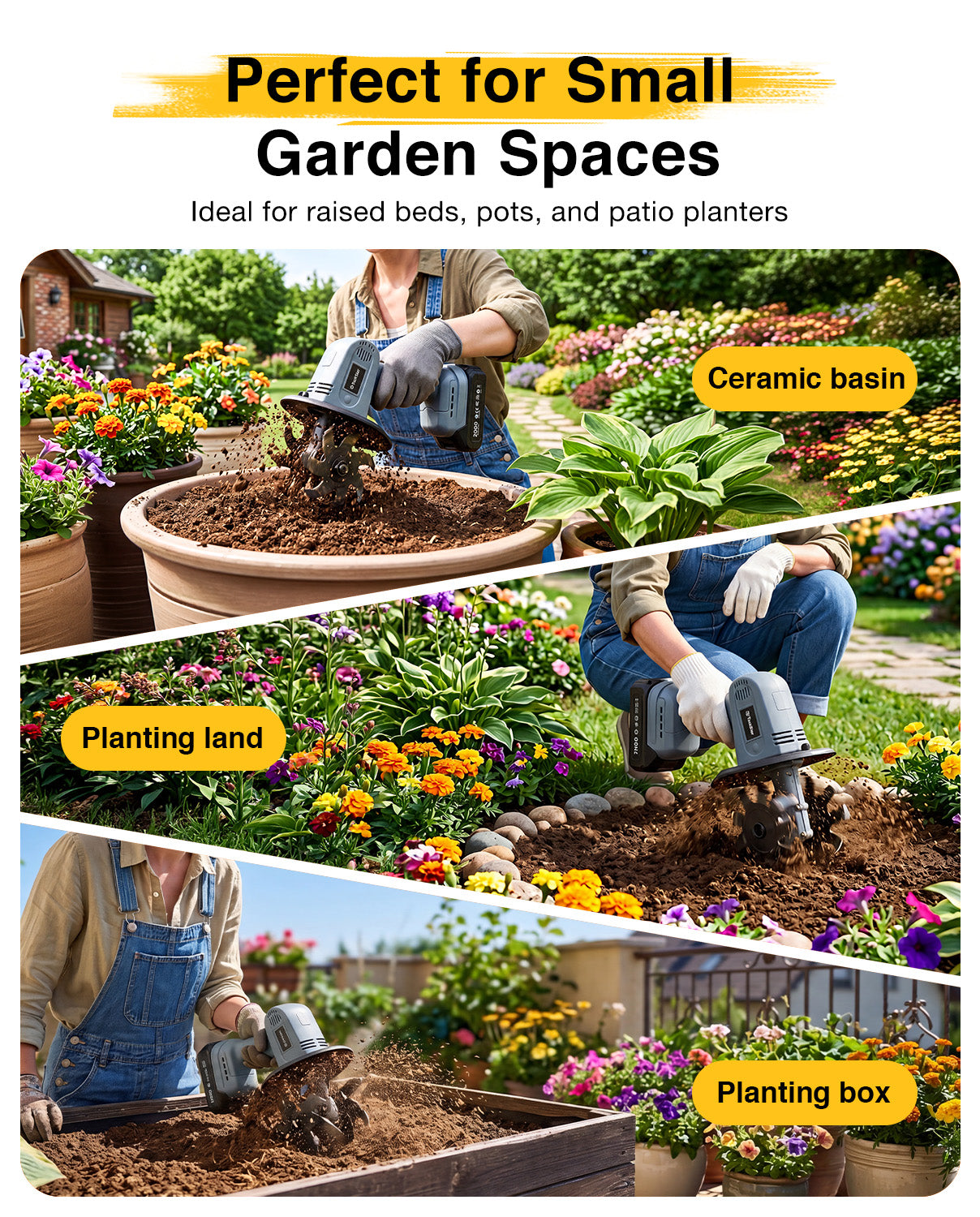 Mini Cordless Tiller Cultivator, 20V Electric Rototiller for Gardening, Lightweight 2.6 lbs Handheld Garden Tiller with 2×2.0Ah Battery, 4" Width×4" Depth, for Raised Beds, Lawn, Flower Beds & Weeding