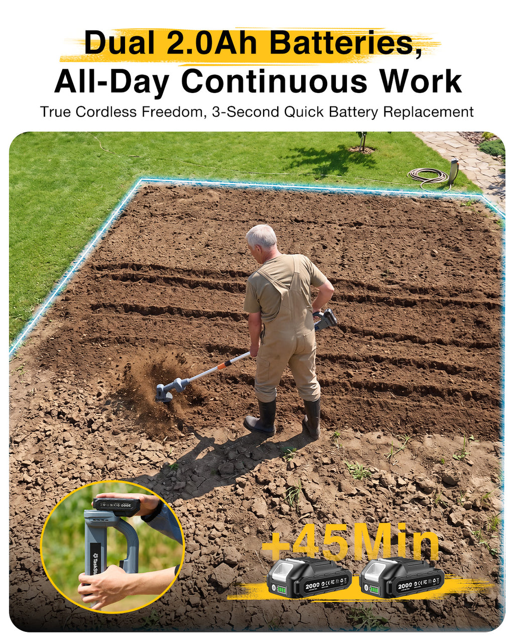 2-in-1 Cordless Tiller Cultivator, 20V Electric Rototiller with Detachable Extension Pole, 2×2.0Ah Battery, Lightweight 4.9 lbs Garden Tiller, 300 RPM for Raised Beds, Lawn, Weeding & Soil Cultivation