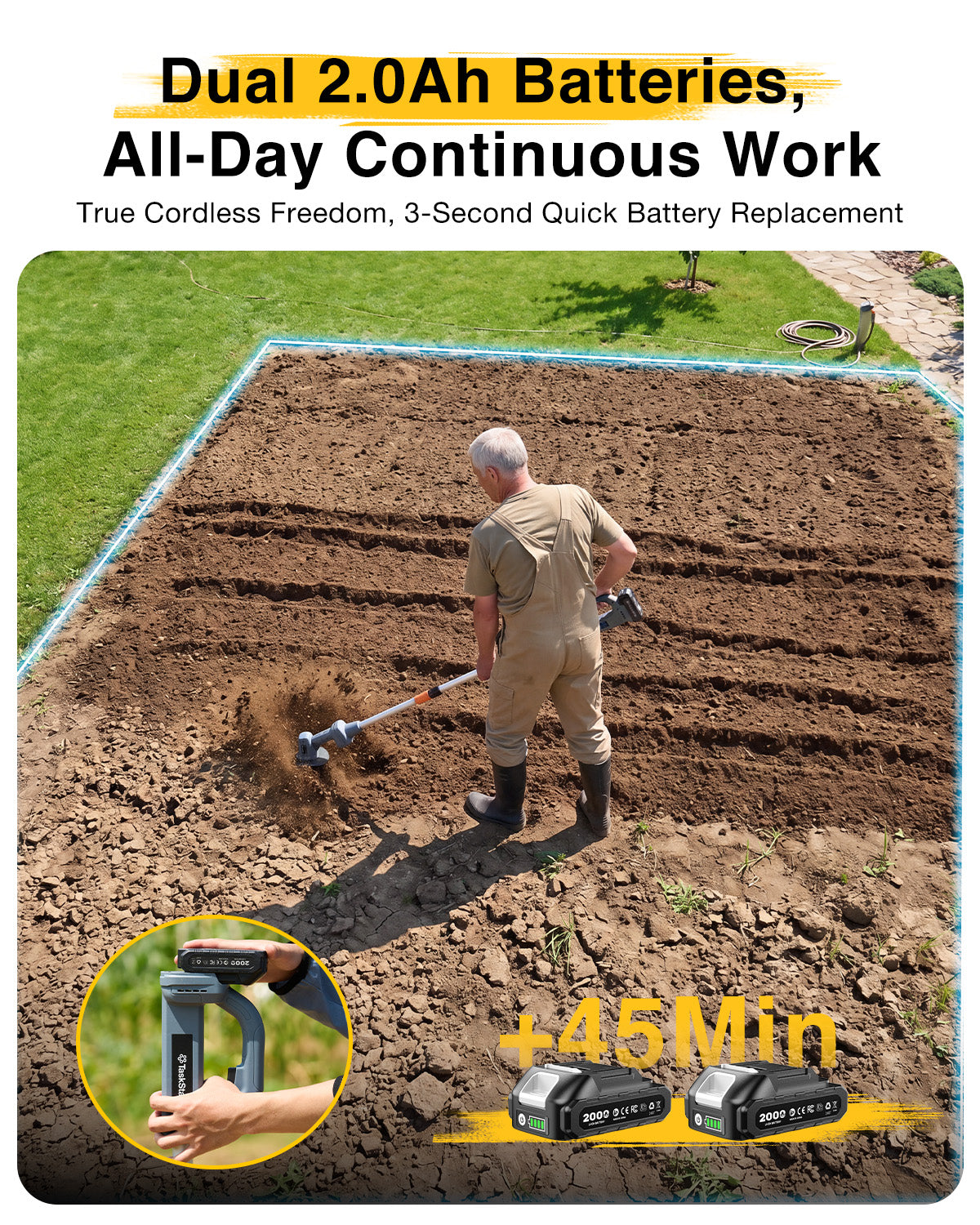 2-in-1 Cordless Tiller Cultivator, 20V Electric Rototiller with Detachable Extension Pole, 2×2.0Ah Battery, Lightweight 4.9 lbs Garden Tiller, 300 RPM for Raised Beds, Lawn, Weeding & Soil Cultivation