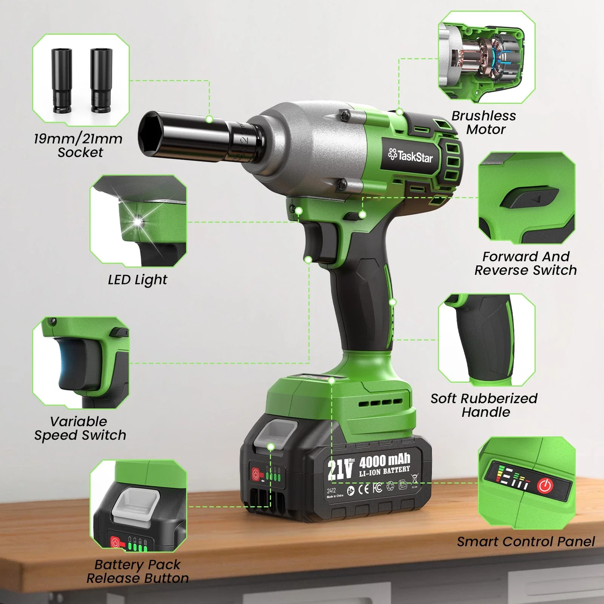 TaskStar 21V Brushless Cordless Impact Wrench, 1/2" 738 Ft-lbs (1000Nm) High Torque