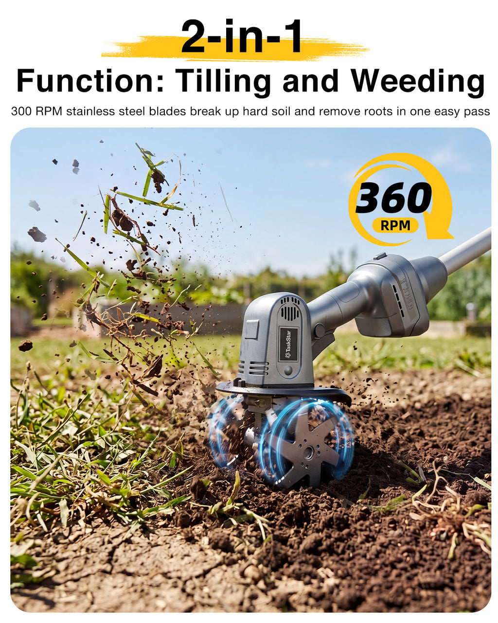 2-in-1 Cordless Tiller Cultivator, 20V Electric Rototiller with Detachable Extension Pole, 2×2.0Ah Battery, Lightweight 4.9 lbs Garden Tiller, 300 RPM for Raised Beds, Lawn, Weeding & Soil Cultivation