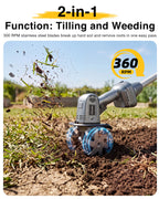 2-in-1 Cordless Tiller Cultivator, 20V Electric Rototiller with Detachable Extension Pole, 2×2.0Ah Battery, Lightweight 4.9 lbs Garden Tiller, 300 RPM for Raised Beds, Lawn, Weeding & Soil Cultivation