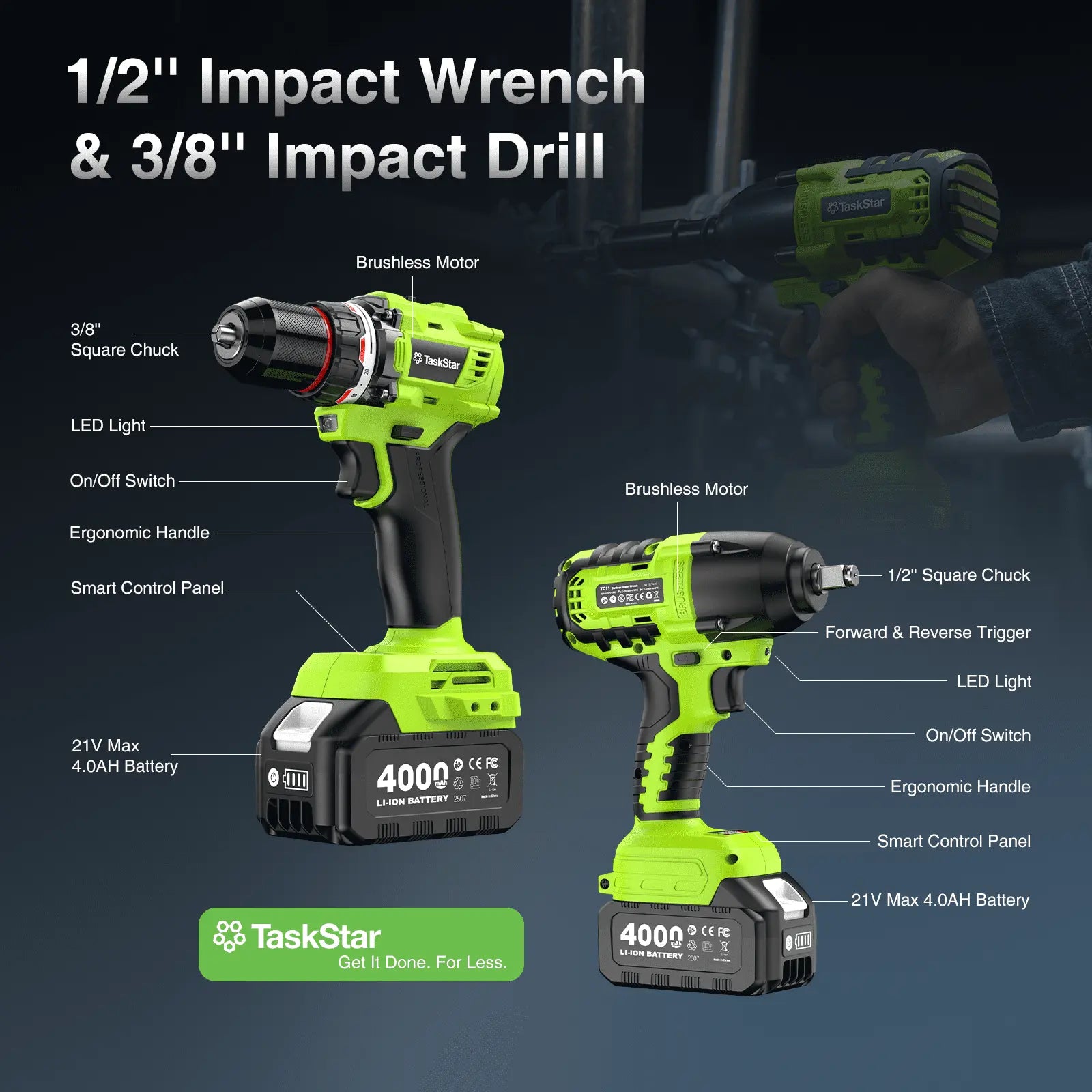 Taskstar Cordless Impact Wrench 1/2" 800NM + 3/8" Brushless Drill 80NM Kit