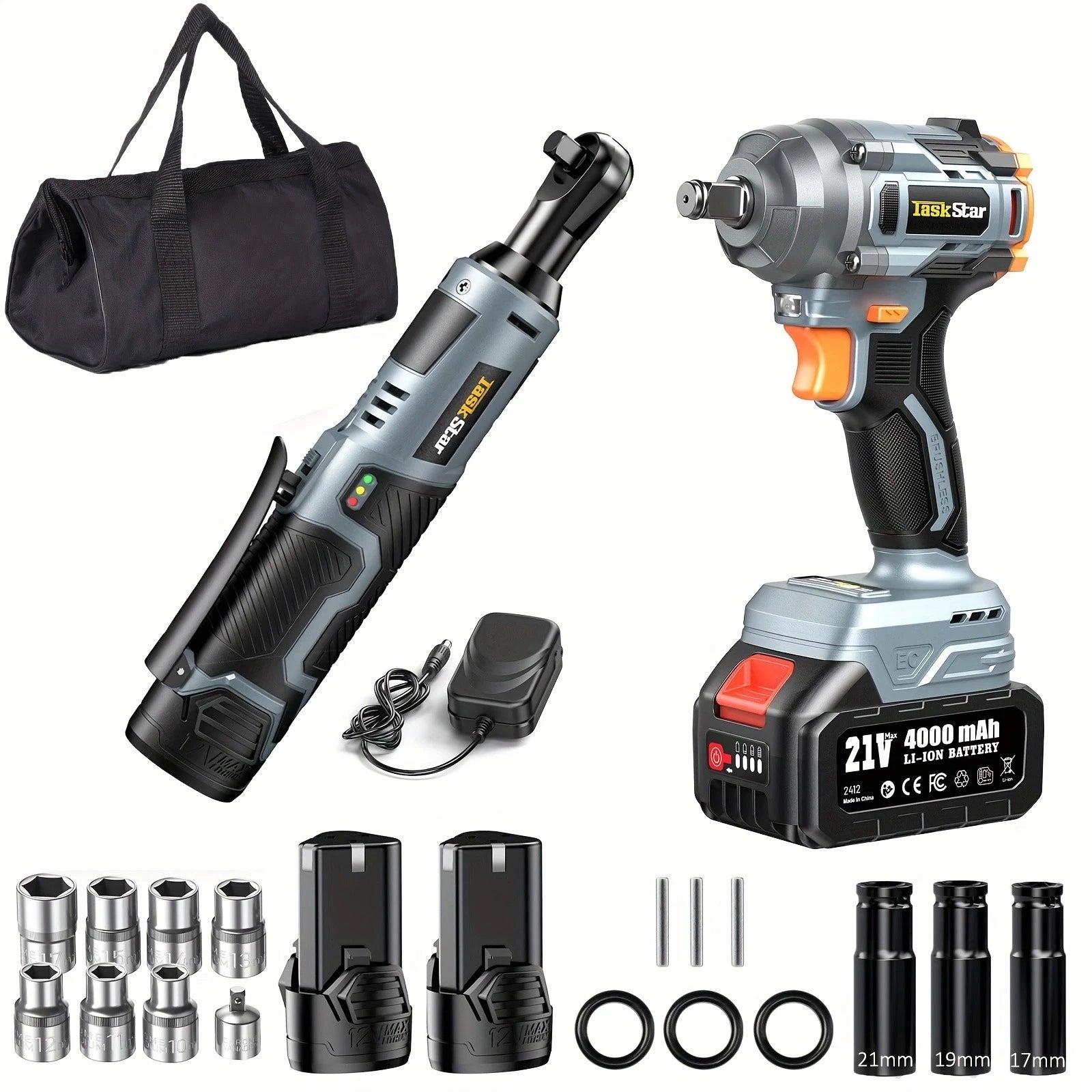 Taskstar 3/8 Ratchet 1/2 Cordless Impact Wrench Rechargable Battery Combo Kit
