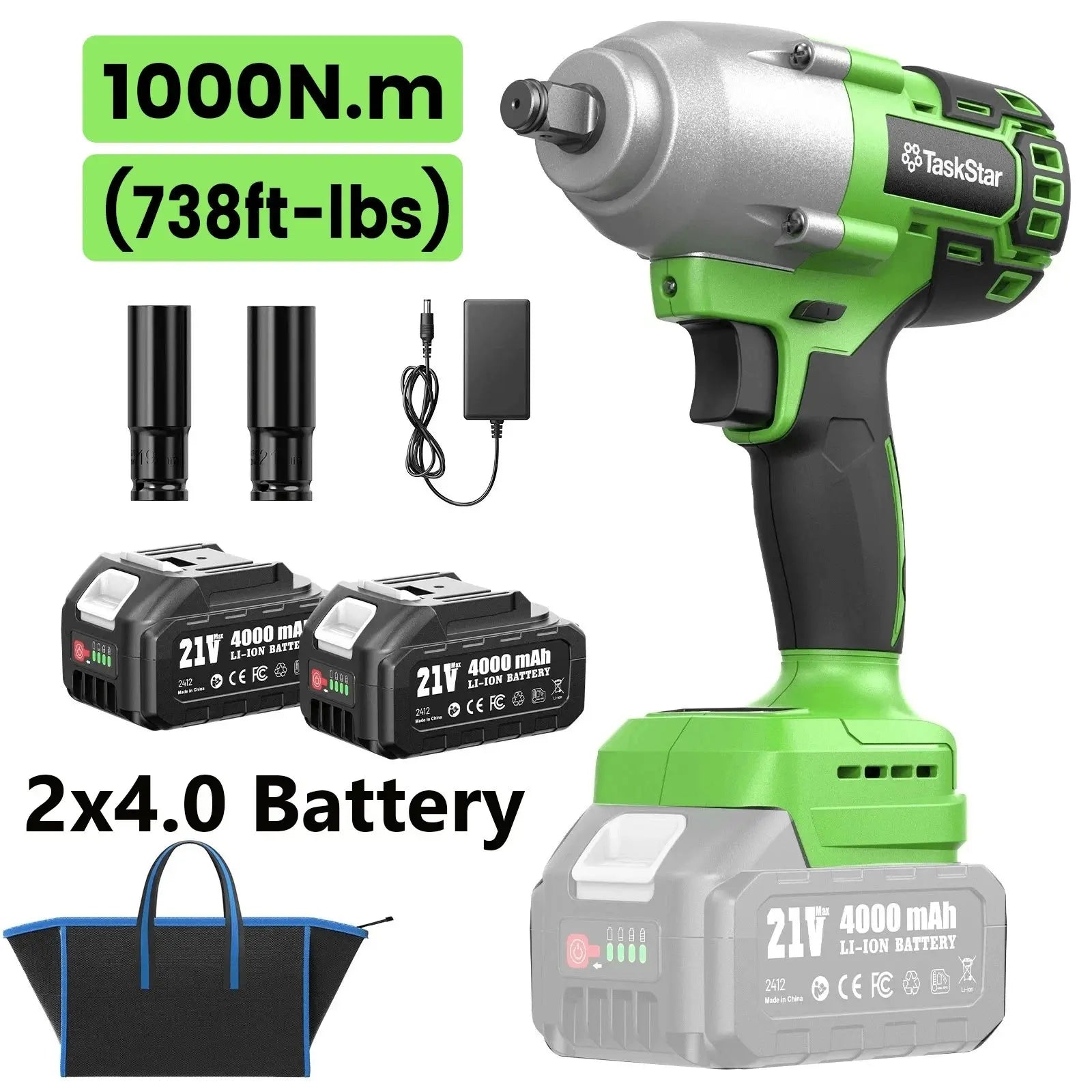 TaskStar 21V Cordless Impact Wrench, 1/2" 738 Ft-lbs (1000Nm) High Torque