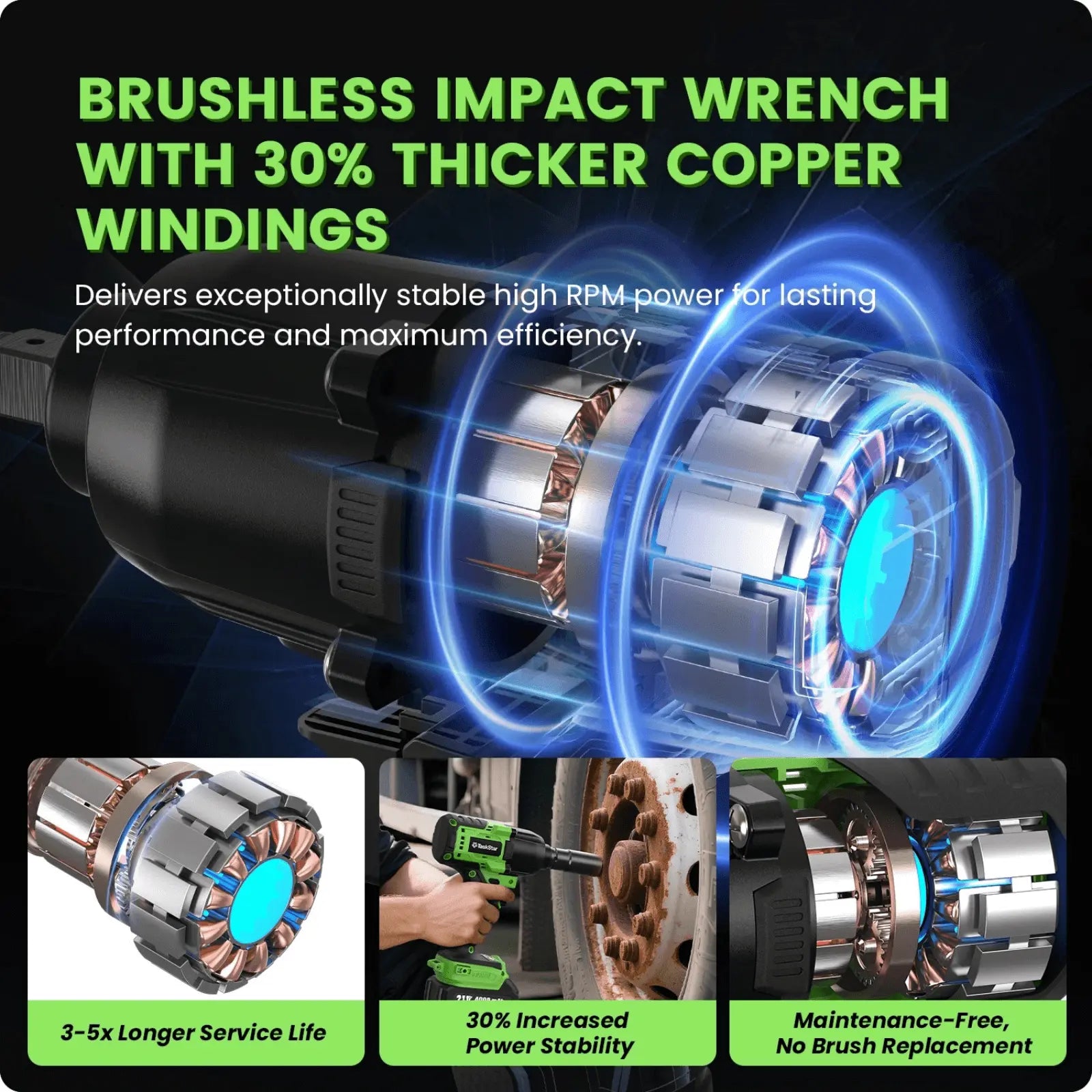 TaskStar 1300N·m (958ft-lbs) Cordless Brushless Impact Wrench 1/2" Kit