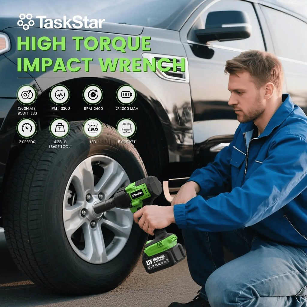TaskStar 1300N·m (958ft-lbs) Cordless Brushless Impact Wrench 1/2" Kit