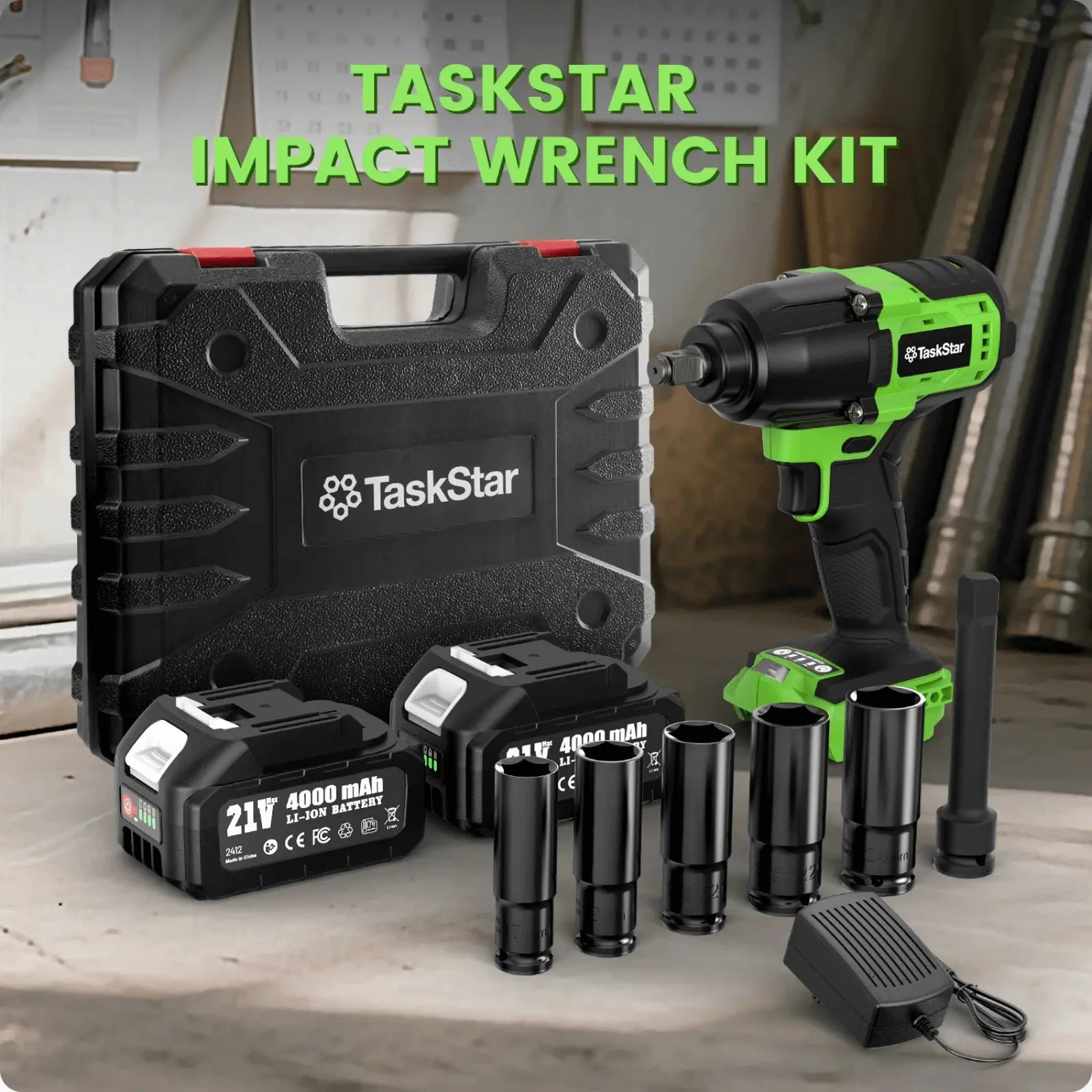 TaskStar 1300N·m (958ft-lbs) Cordless Brushless Impact Wrench 1/2" Kit
