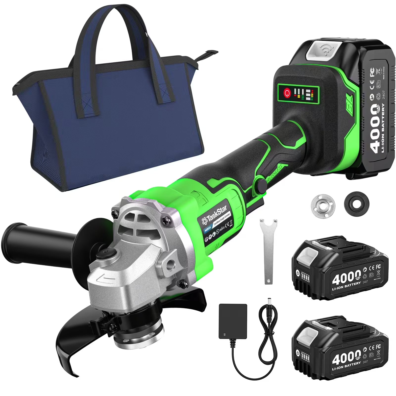 TaskStar 21V Cordless Angle Grinder, 2x4.0Ah Battery & Charger, 10000RPM Brushless Motor