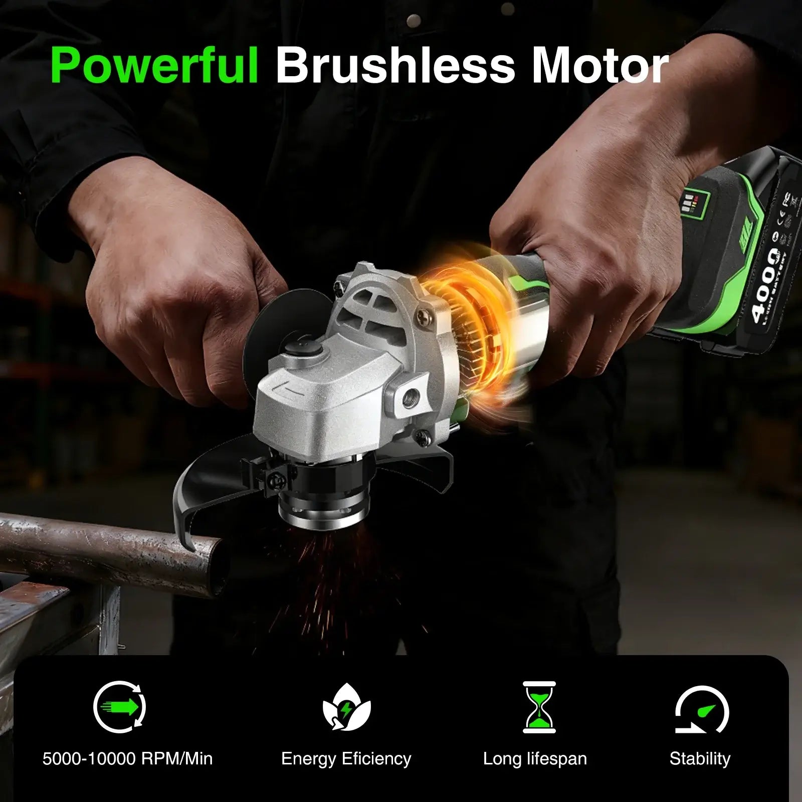 TaskStar 21V Cordless Angle Grinder, 2x4.0Ah Battery & Charger, 10000RPM Brushless Motor