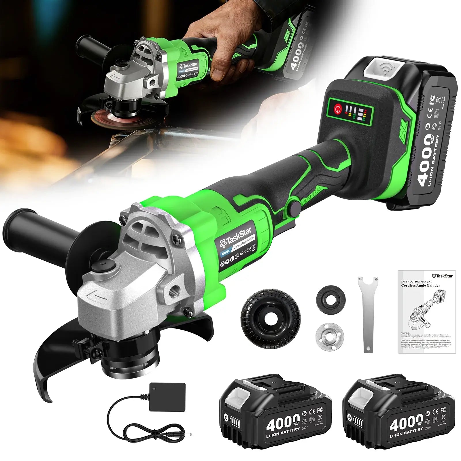 TaskStar 21V Cordless Angle Grinder, 2x4.0Ah Battery & Charger, 10000RPM Brushless Motor