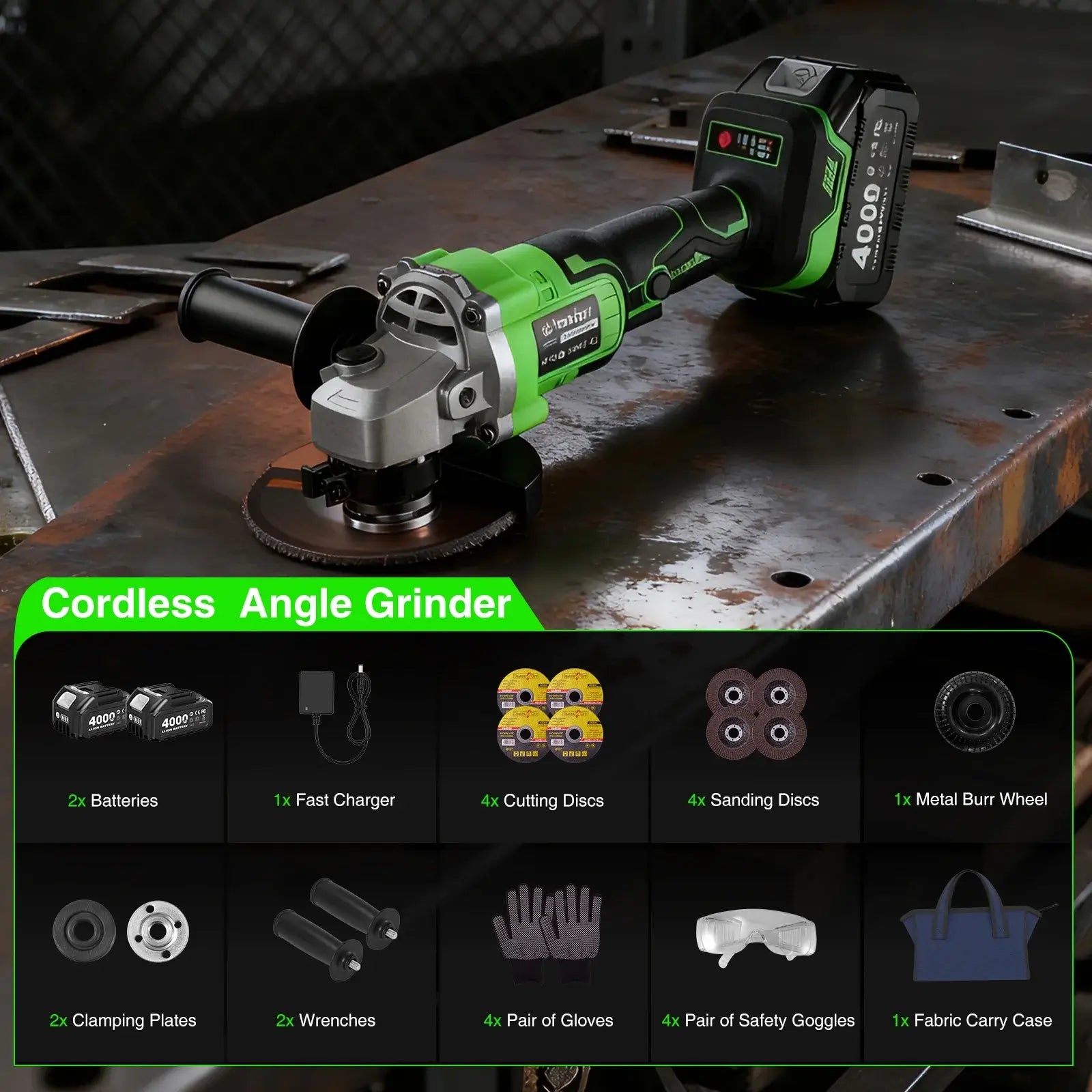 TaskStar 21V Cordless Angle Grinder, 2x4.0Ah Battery & Charger, 10000RPM Brushless Motor