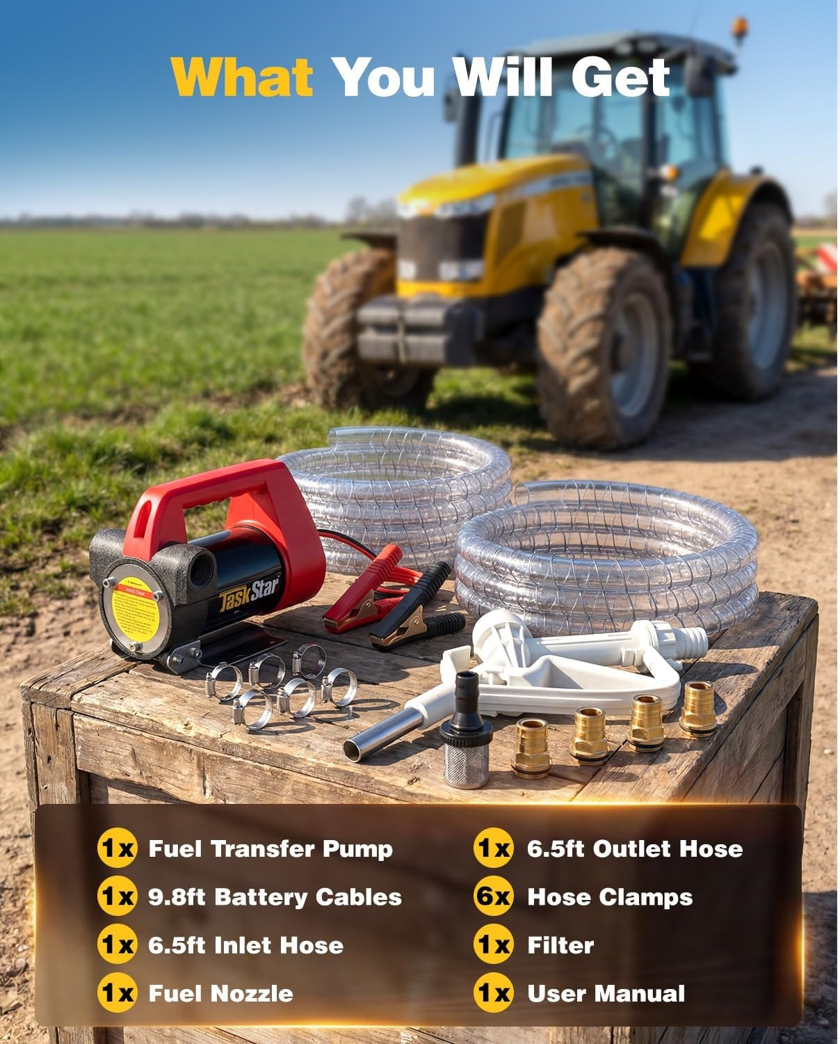 TaskStar Diesel Transfer Pump Kit: 12V 13GPM Electric Fuel Transfer Pump with Fuel Nozzle & Hoses