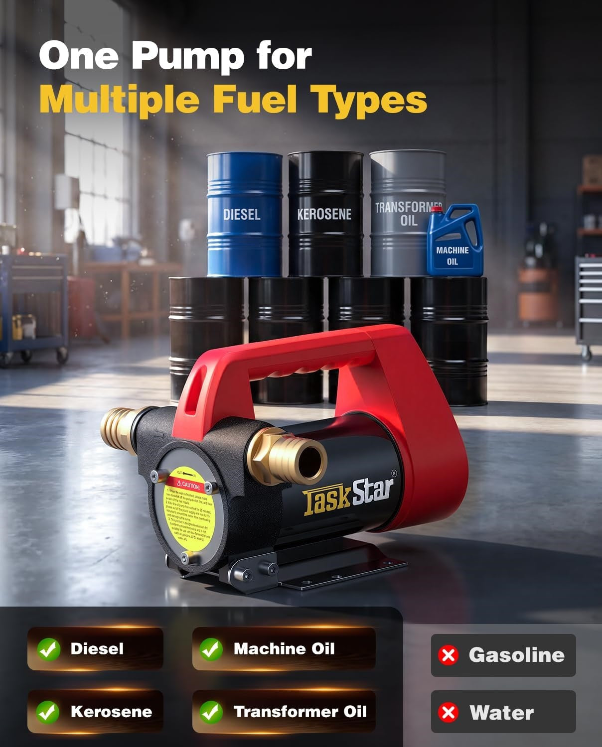 TaskStar Diesel Transfer Pump Kit: 12V 13GPM Electric Fuel Transfer Pump with Fuel Nozzle & Hoses