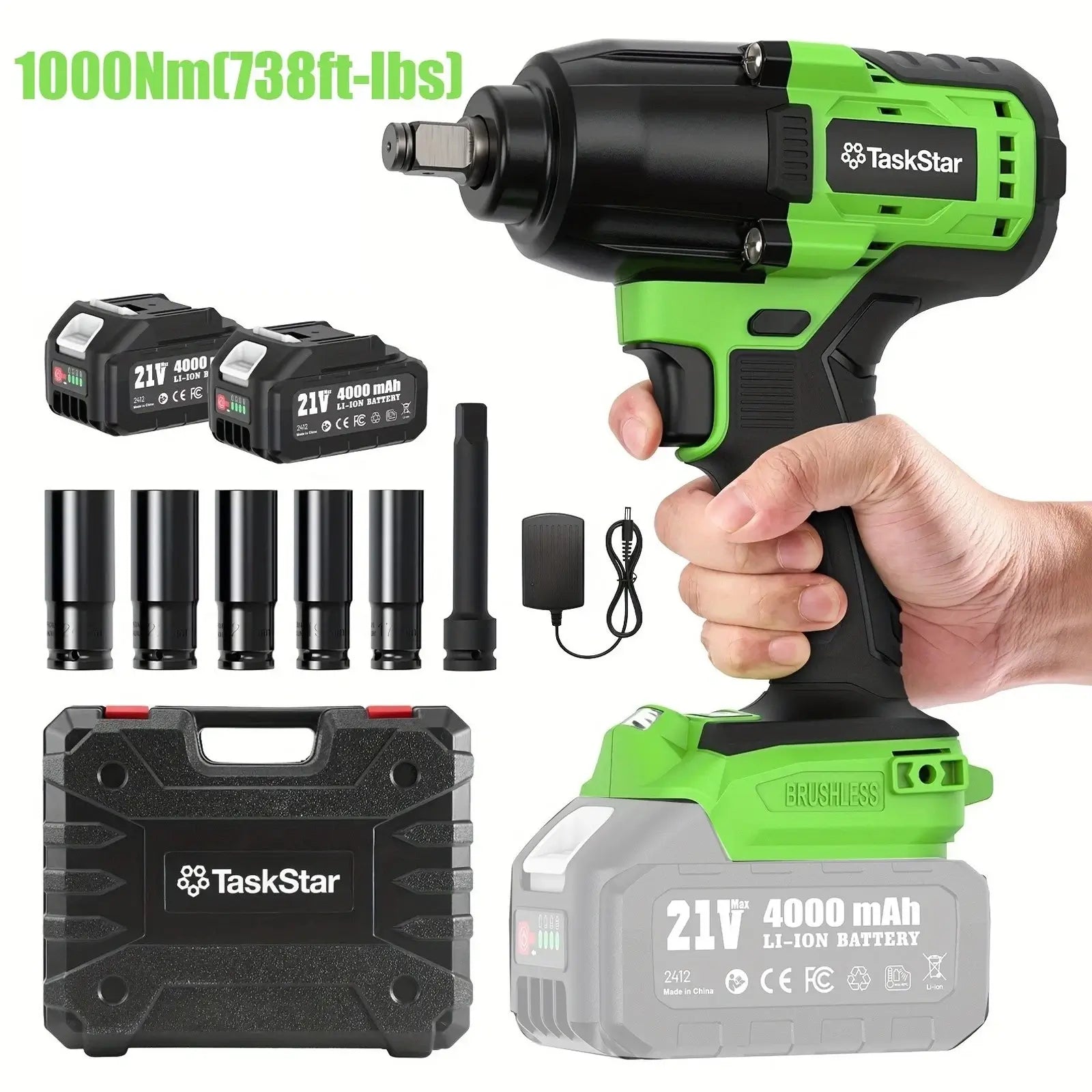 TaskStar 1000N.m (738ft-lbs) Electric Cordless Impact Wrench with 1/2" Brushless Motor, 2x4.0Ah Lithium-Ion Battery, Fast Charger, 5 Sockets & Storage Case - Heavy-Duty Electric Impact Tool for Car Home