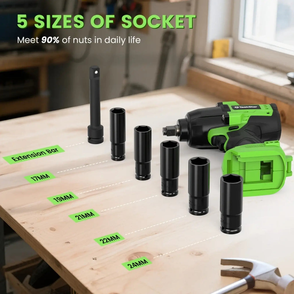 TaskStar 1000N.m (738ft-lbs) Electric Cordless Impact Wrench with 1/2" Brushless Motor, 2x4.0Ah Lithium-Ion Battery, Fast Charger, 5 Sockets & Storage Case - Heavy-Duty Electric Impact Tool for Car Home