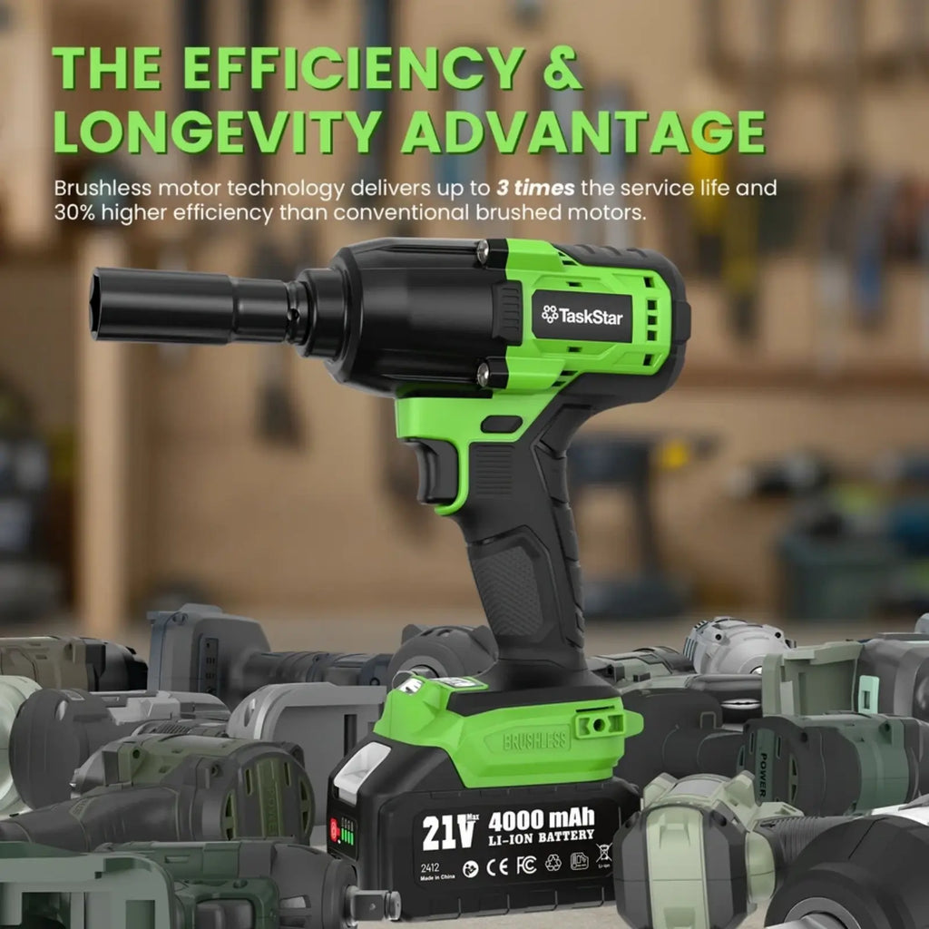 TaskStar 1000N.m (738ft-lbs) Electric Cordless Impact Wrench with 1/2" Brushless Motor, 2x4.0Ah Lithium-Ion Battery, Fast Charger, 5 Sockets & Storage Case - Heavy-Duty Electric Impact Tool for Car Home