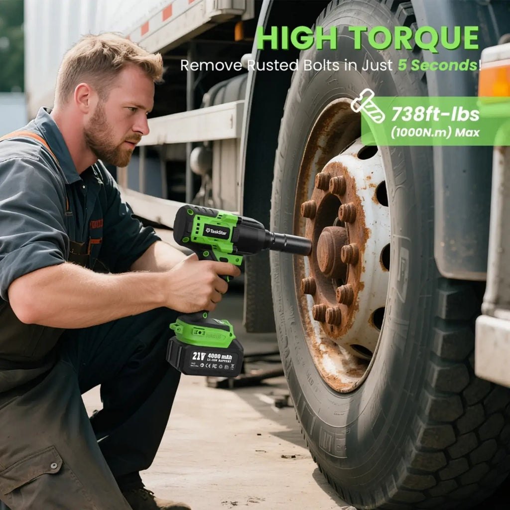 TaskStar 1000N.m (738ft-lbs) Electric Cordless Impact Wrench with 1/2" Brushless Motor, 2x4.0Ah Lithium-Ion Battery, Fast Charger, 5 Sockets & Storage Case - Heavy-Duty Electric Impact Tool for Car Home