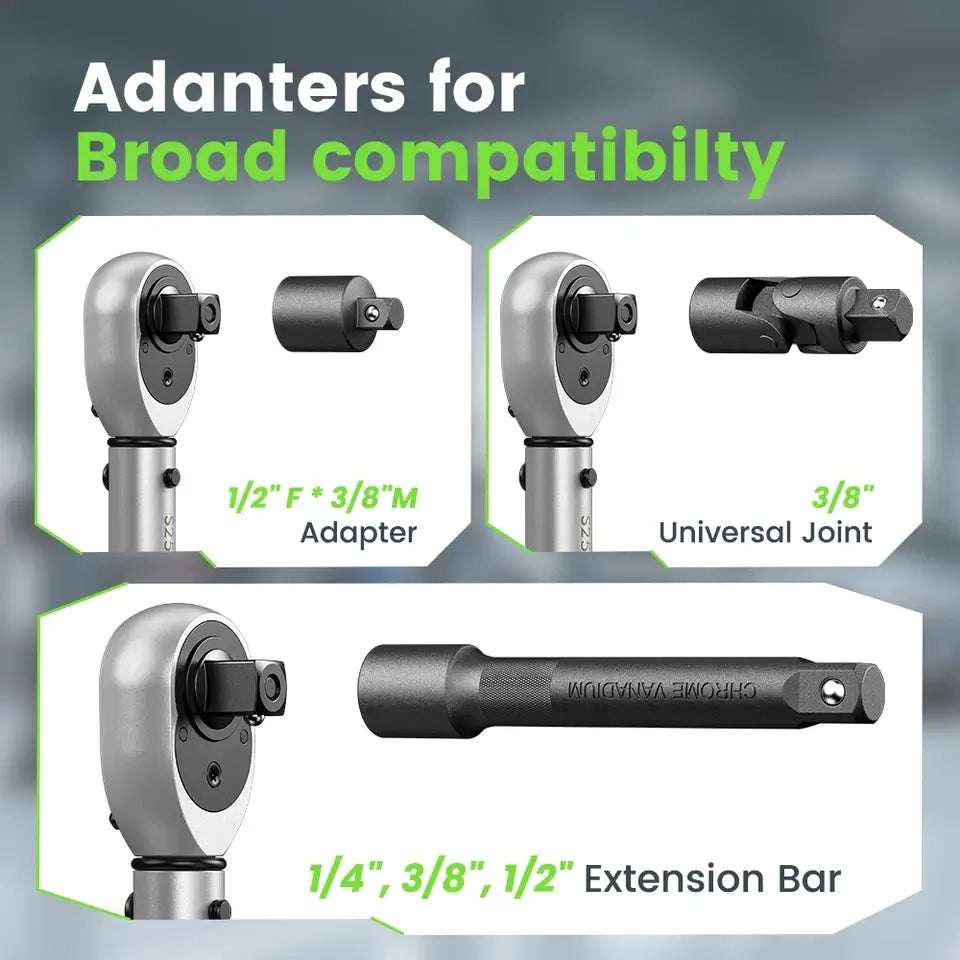 TaskStar 1/4 3/8 1/2-inch Drive Click Torque Wrench Set - 8Pcs, ±3% Accuracy Torque Wrench 45-221in.lb, 7-45ft.lb, 30-160ft.lb with Adapters, 72-Tooth Dual Scale