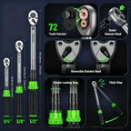 TaskStar 1/4 3/8 1/2-inch Drive Click Torque Wrench Set - 8Pcs, ±3% Accuracy Torque Wrench 45-221in.lb, 7-45ft.lb, 30-160ft.lb with Adapters, 72-Tooth Dual Scale