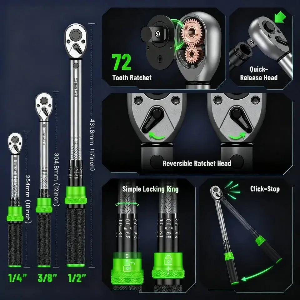 TaskStar 1/4 3/8 1/2-inch Drive Click Torque Wrench Set - 8Pcs, ±3% Accuracy Torque Wrench 45-221in.lb, 7-45ft.lb, 30-160ft.lb with Adapters, 72-Tooth Dual Scale