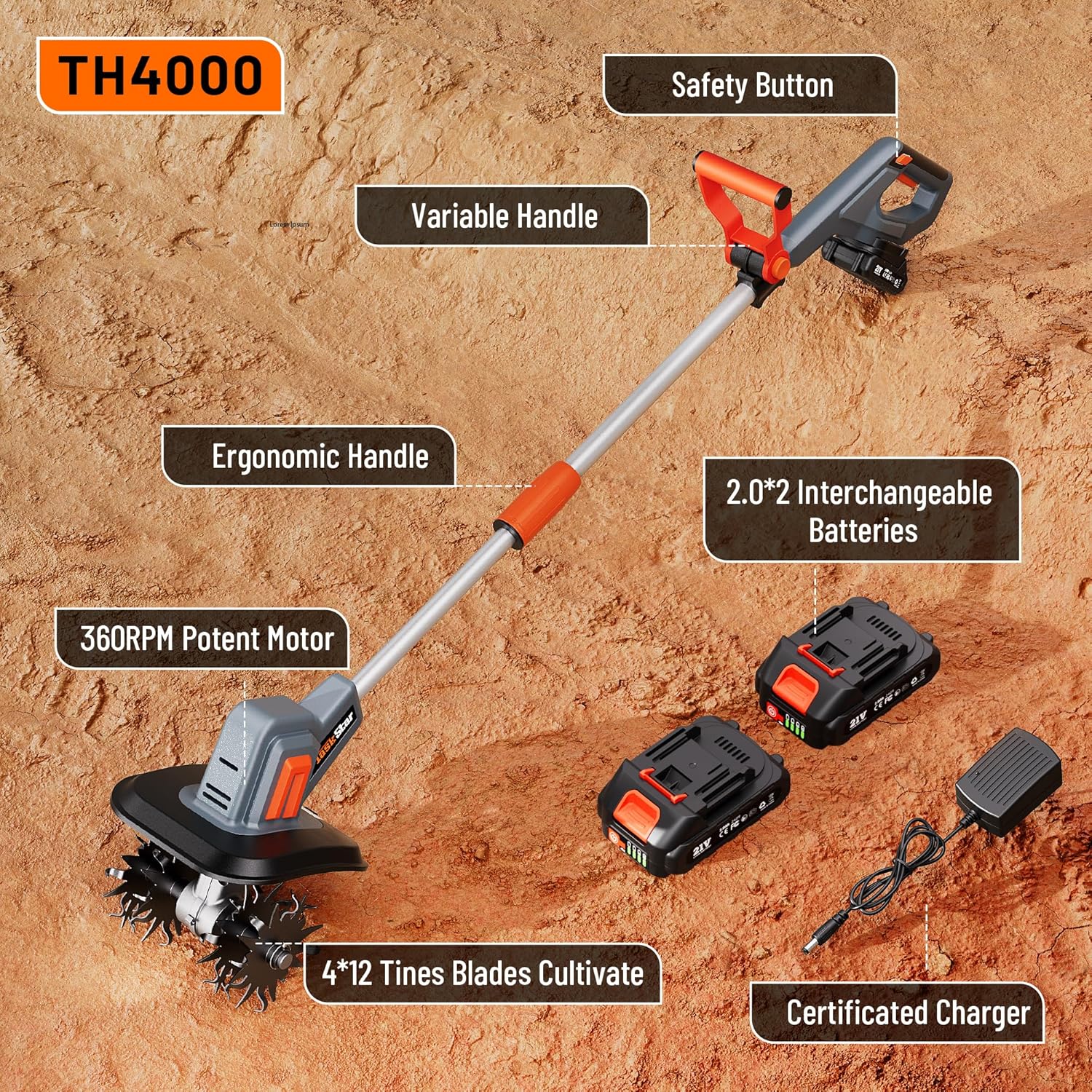 TaskStar Cordless Electric Tiller Cultivator 2*2000mAh Garden Rototiller