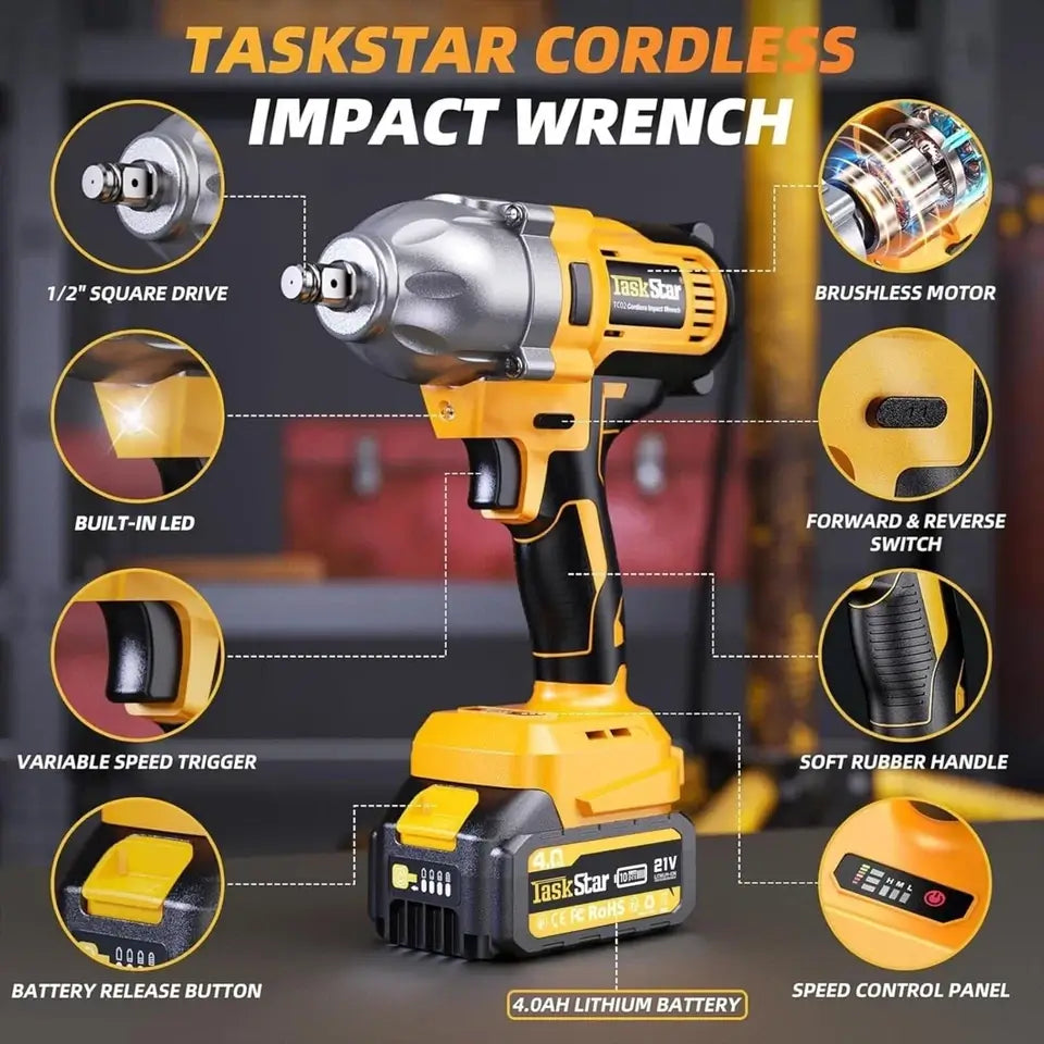TaskStar Cordless Impact Wrench 1/2 inch, 1200N·m Brushless High Torque Electric Wrench